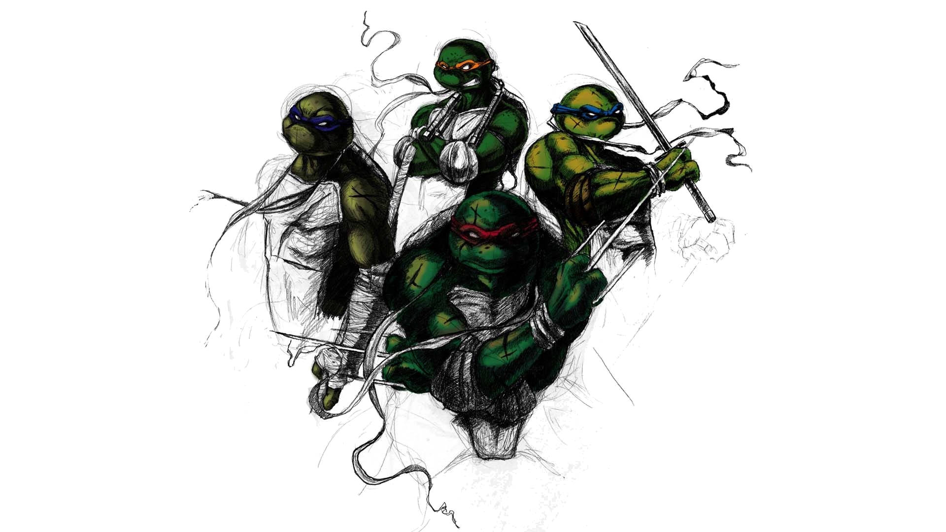 Ninja Turtle 桌布 壁紙 — 四隻忍者龜以動態姿勢揮舞武器，帶有煙霧軌跡，背景為純白色。