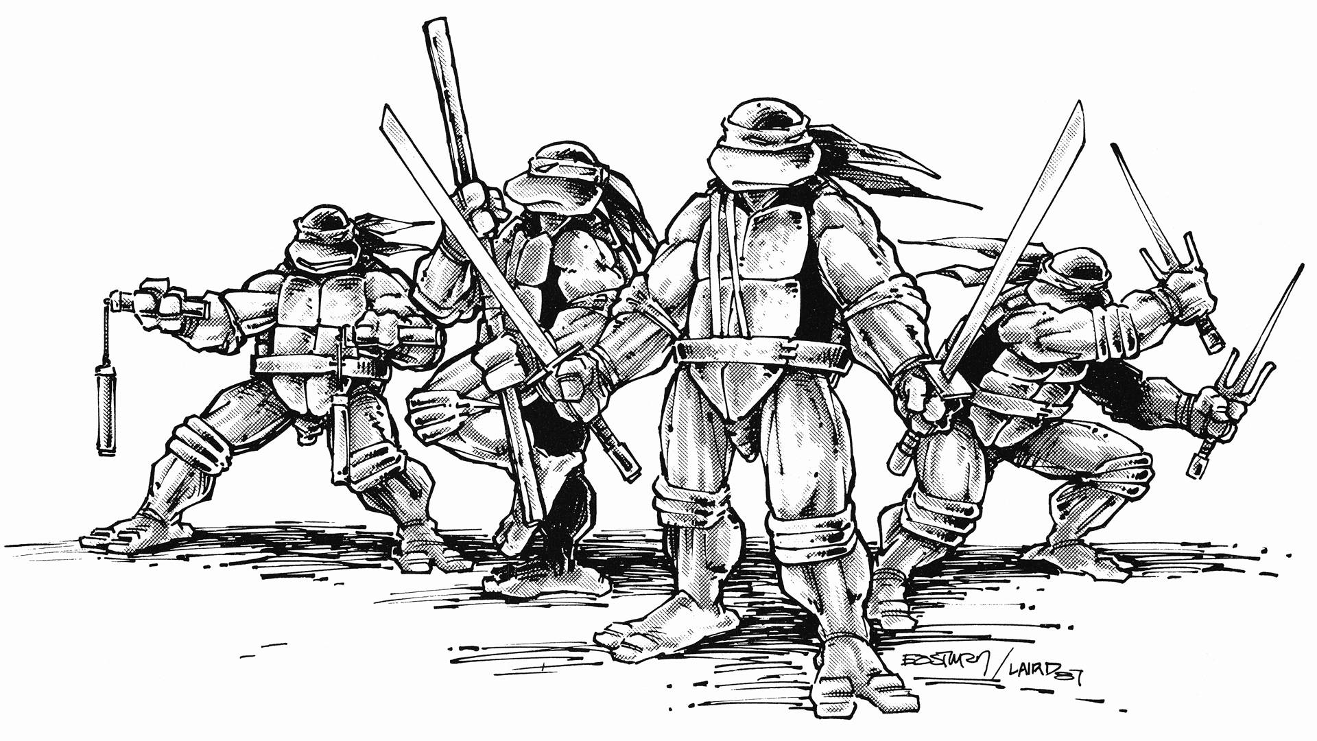 Ninja Turtle 桌布 壁紙 — 四隻忍者龜以動態戰鬥姿勢揮舞武器，以黑白墨水插圖大膽呈現。