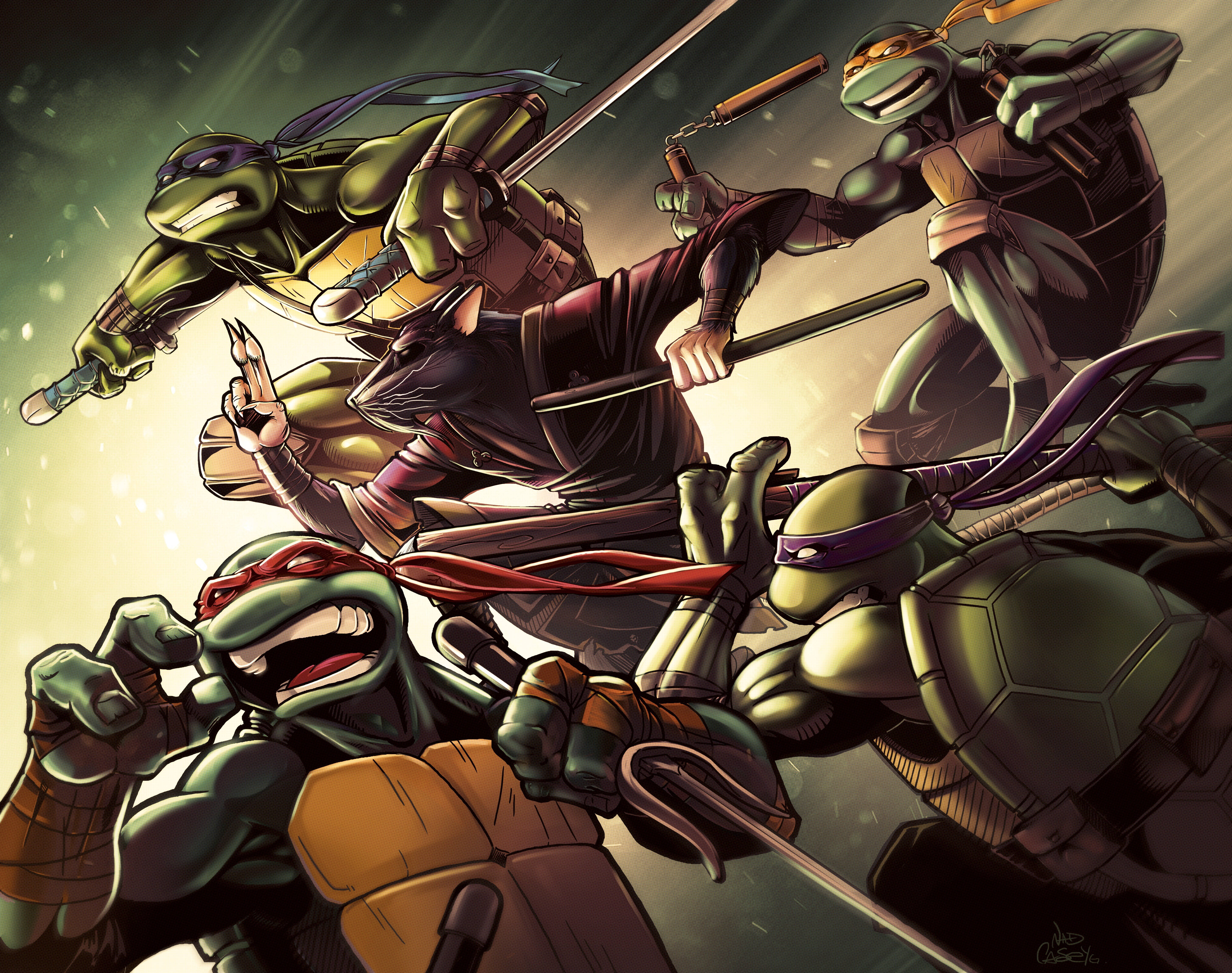 teenage mutant ninja turtles 桌布 壁紙 — 四隻忍者龜以動態戰鬥姿勢揮舞著釵和雙節棍，背景為發光的綠色。