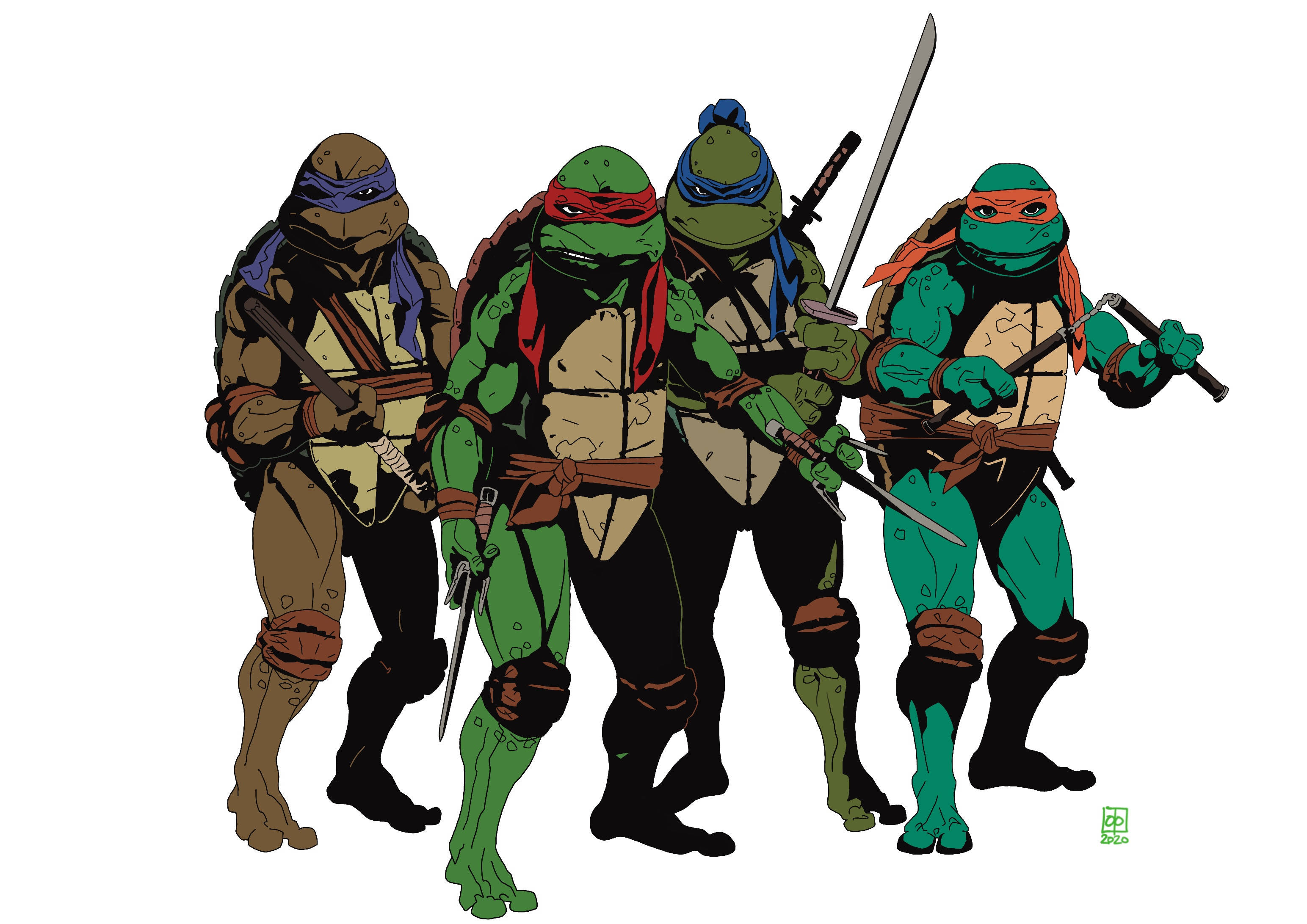 teenage mutant ninja turtles 桌布 壁紙 — 四隻忍者龜以經典姿勢揮舞武器，背景為純白色。