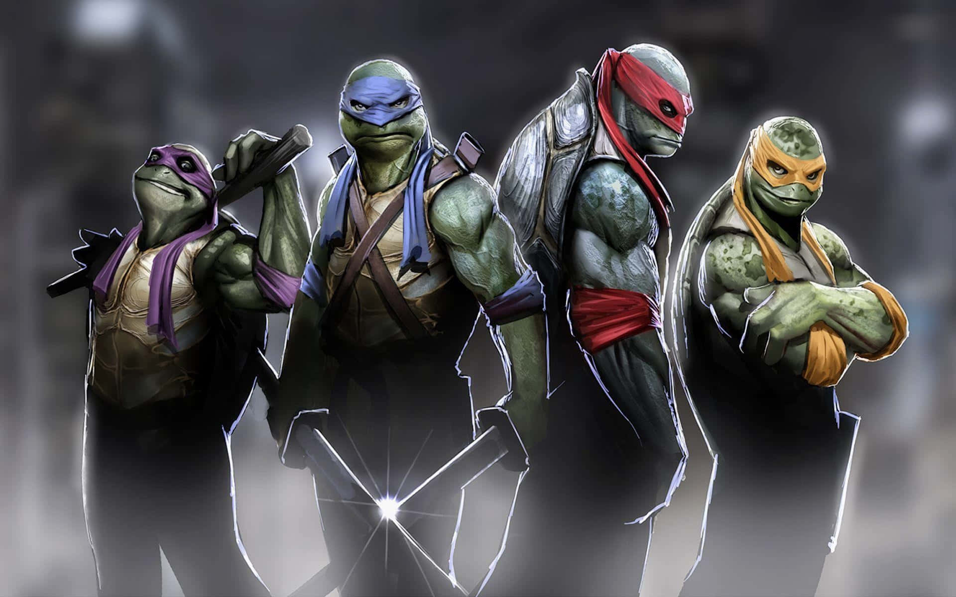 Ninja Turtle 桌布 壁紙 — 四隻忍者龜以英雄姿態站立，手持發光武器，背景陰暗煙霧彌漫。