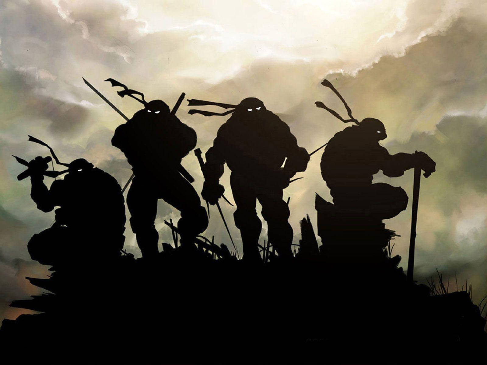 teenage mutant ninja turtles 桌布 壁紙 — 四隻忍者龜剪影站在岩石上，背景是黃昏時分戲劇性的多雲天空。
