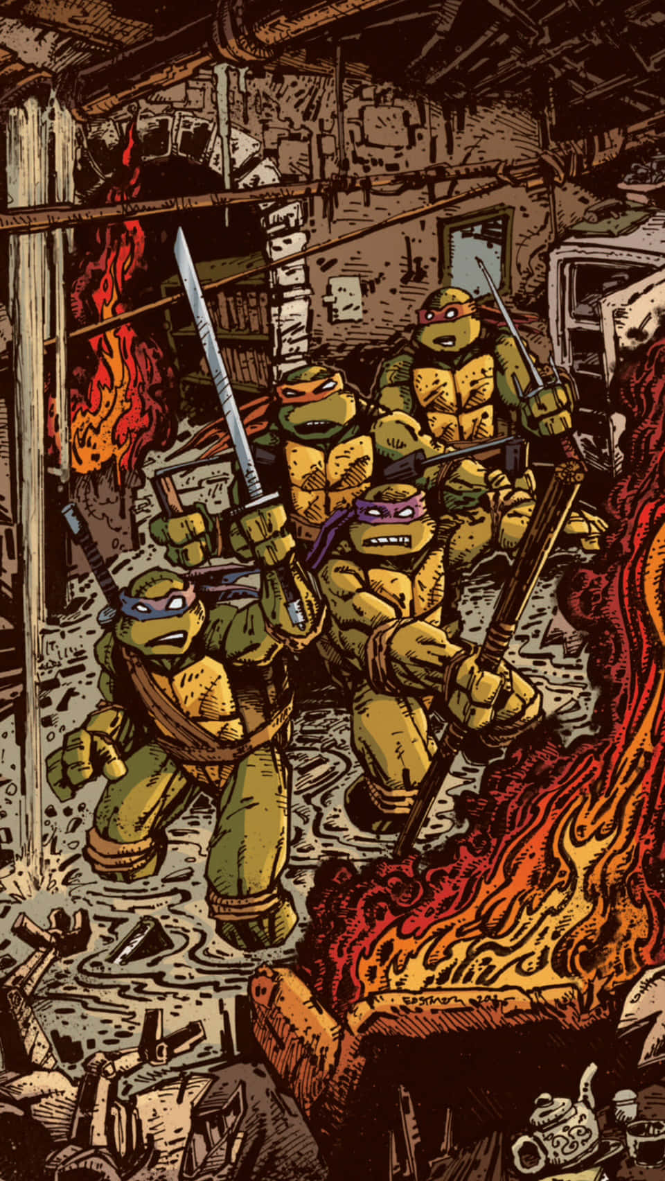 tmnt 桌布 壁紙 — 四隻忍者龜在一個火熱、佈滿瓦礫的下水道巢穴中激烈戰鬥，表情強烈，姿勢動感。