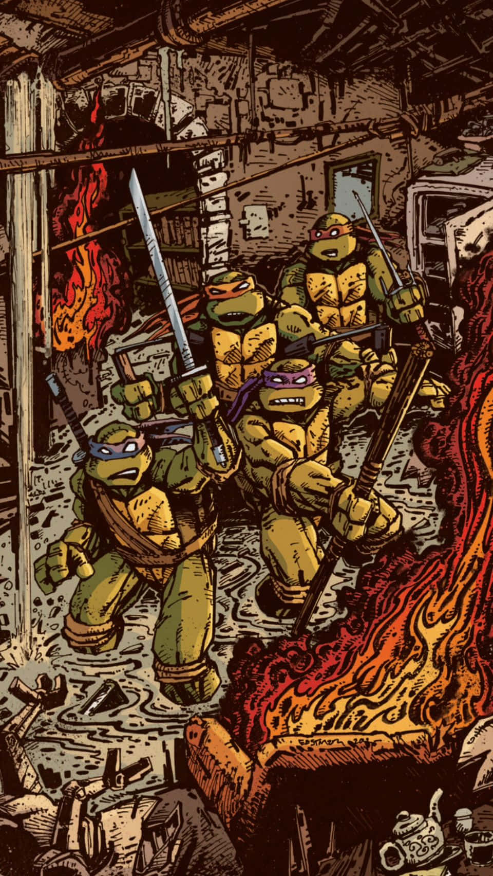 Teenage Mutant Ninja Turtles Comic Book 桌布 壁紙 — 四隻忍者龜在一個火熱、佈滿碎片的污水渠巢穴中激烈戰鬥，表情強烈，武器出鞘。
