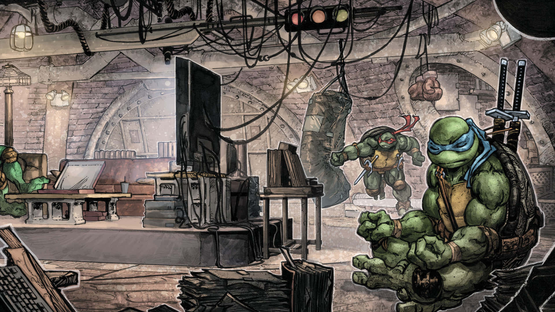 tmnt 桌布 壁紙 — 四隻忍者龜在一個雜亂的地下巢穴中，有外露的管道和科技裝備。
