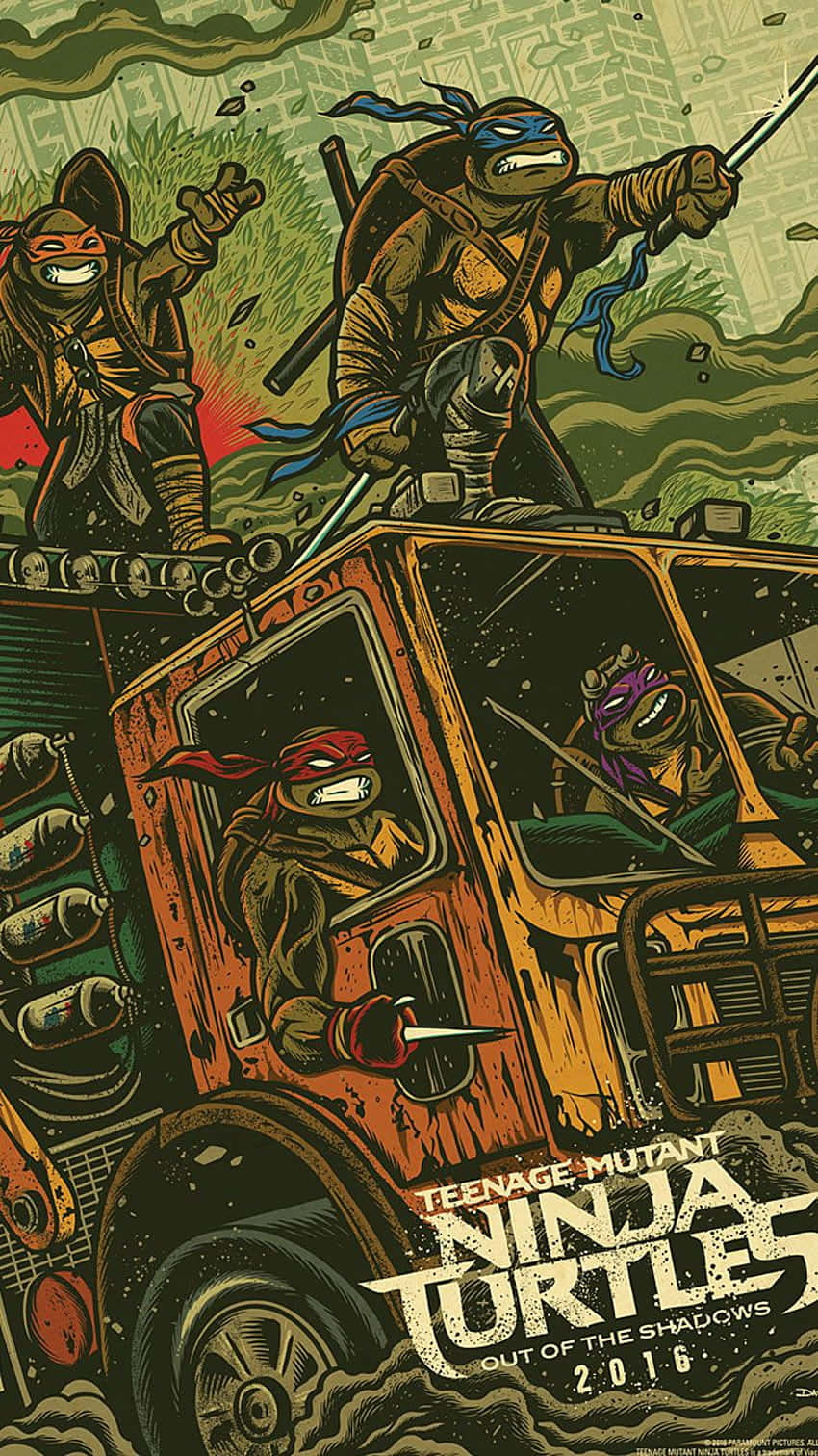 tmnt 桌布 壁紙 — 四隻忍者龜在一輛生鏽的卡車上戰鬥，背景是粗獷的城市叢林，線條大膽，色彩飽和。