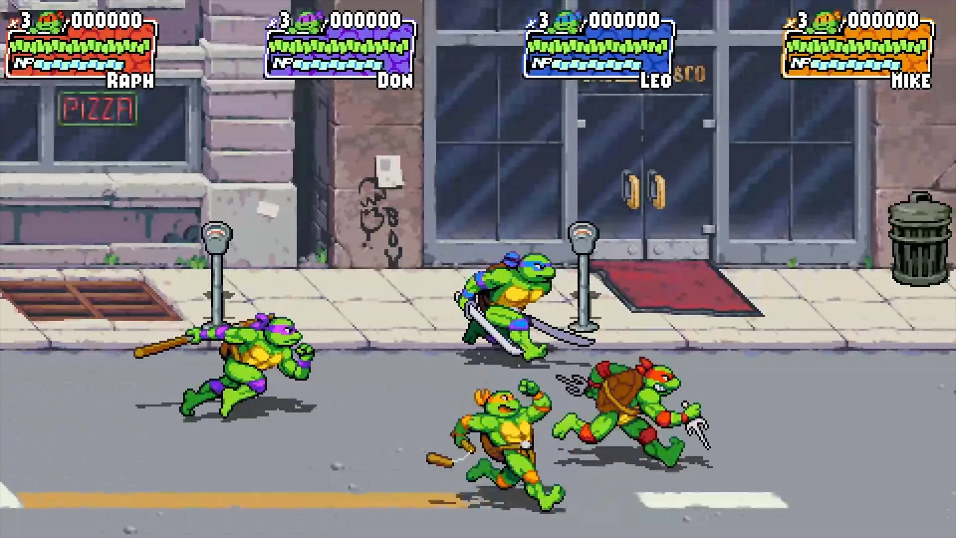 Ninja Turtle 桌布 壁紙 — 四隻忍者龜在像素化街機遊戲場景中衝過一條粗糙的城市街道。