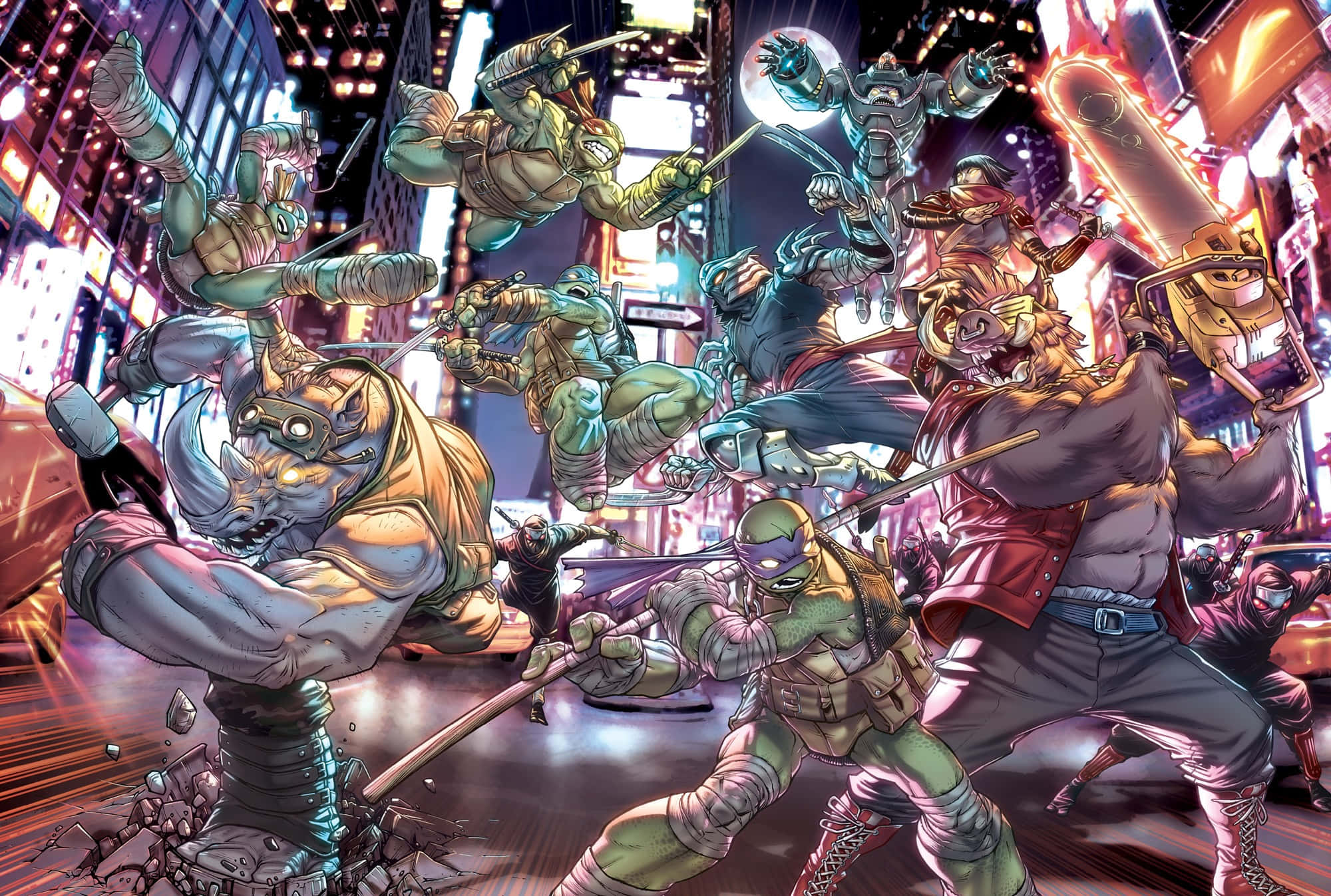 Mutants 桌布 壁紙 — 四隻忍者龜在夜晚霓虹燈照亮的城市後巷中，與裝甲敵人戰鬥，碎片飛揚，動作動感十足。