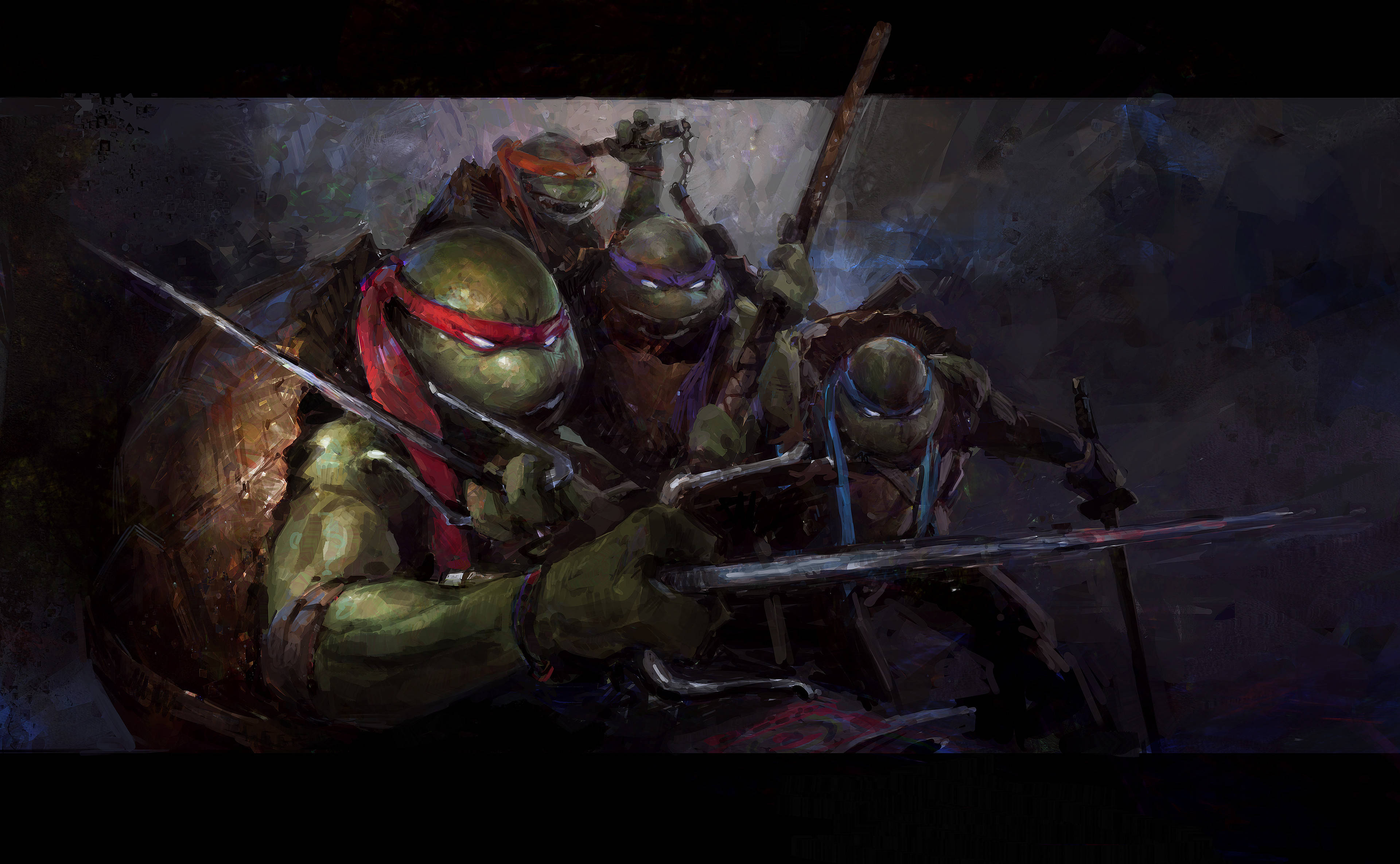 teenage mutant ninja turtles 桌布 壁紙 — 四隻忍者龜在戲劇性的黑暗燈光下以動態戰鬥姿勢揮舞劍。