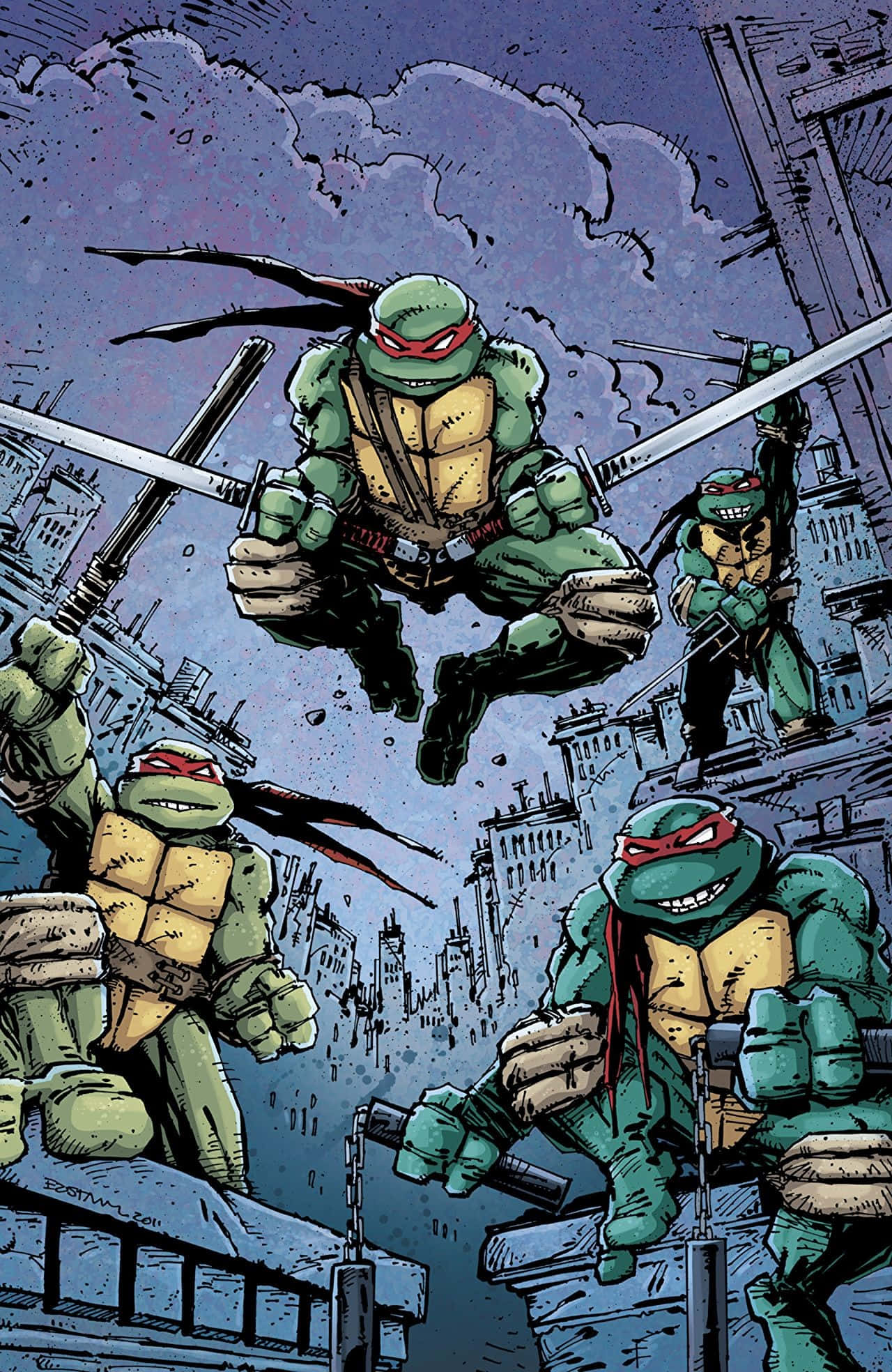 Teenage Mutant Ninja Turtles Comic Book 桌布 壁紙 — 四隻忍者龜在暴風雨紫色天空下的城市屋頂上動態跳躍和擺姿勢。