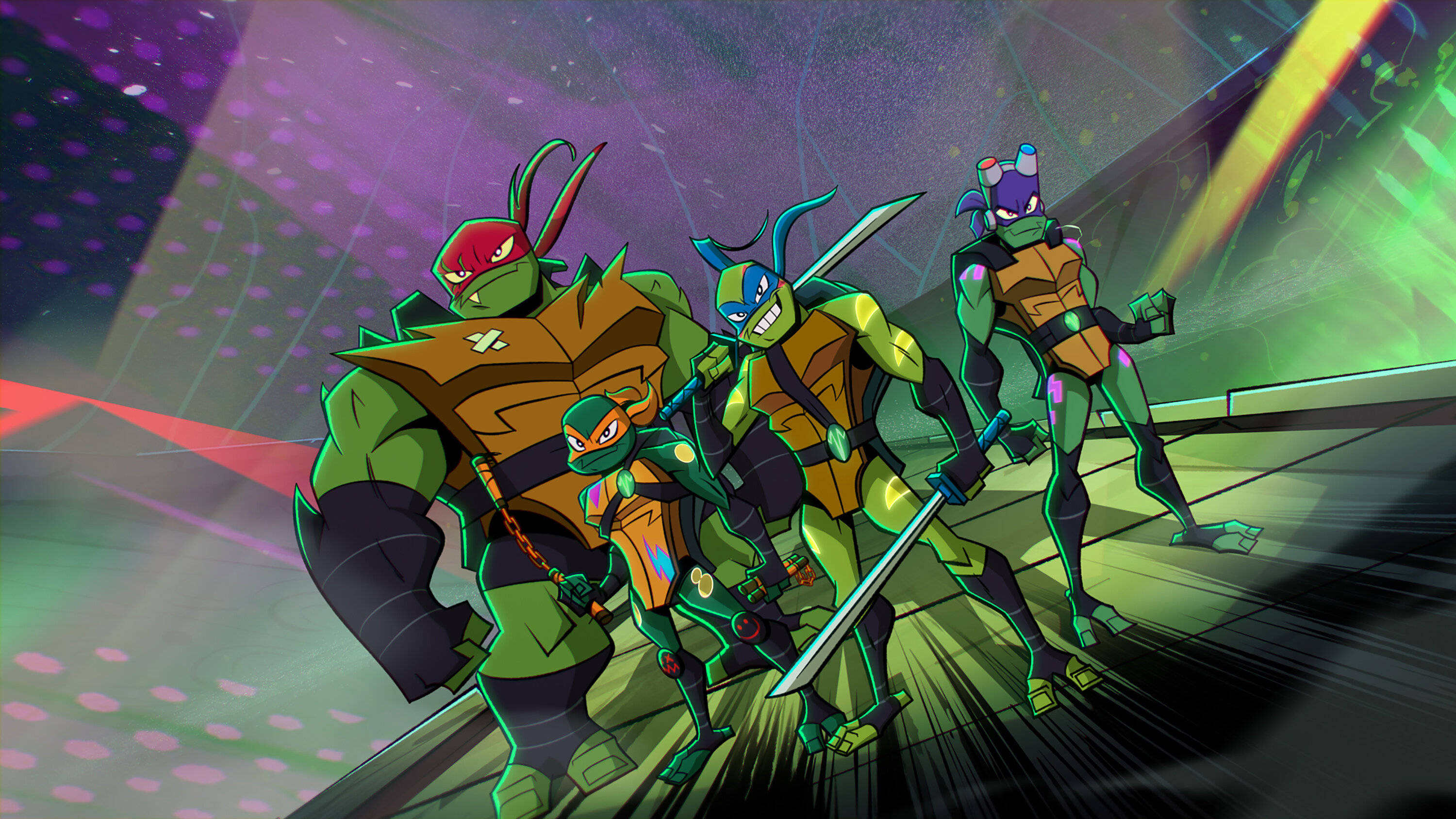teenage mutant ninja turtles 桌布 壁紙 — 四隻忍者龜在未來城市景觀中，於霓虹燈下以動感姿勢手持發光武器。