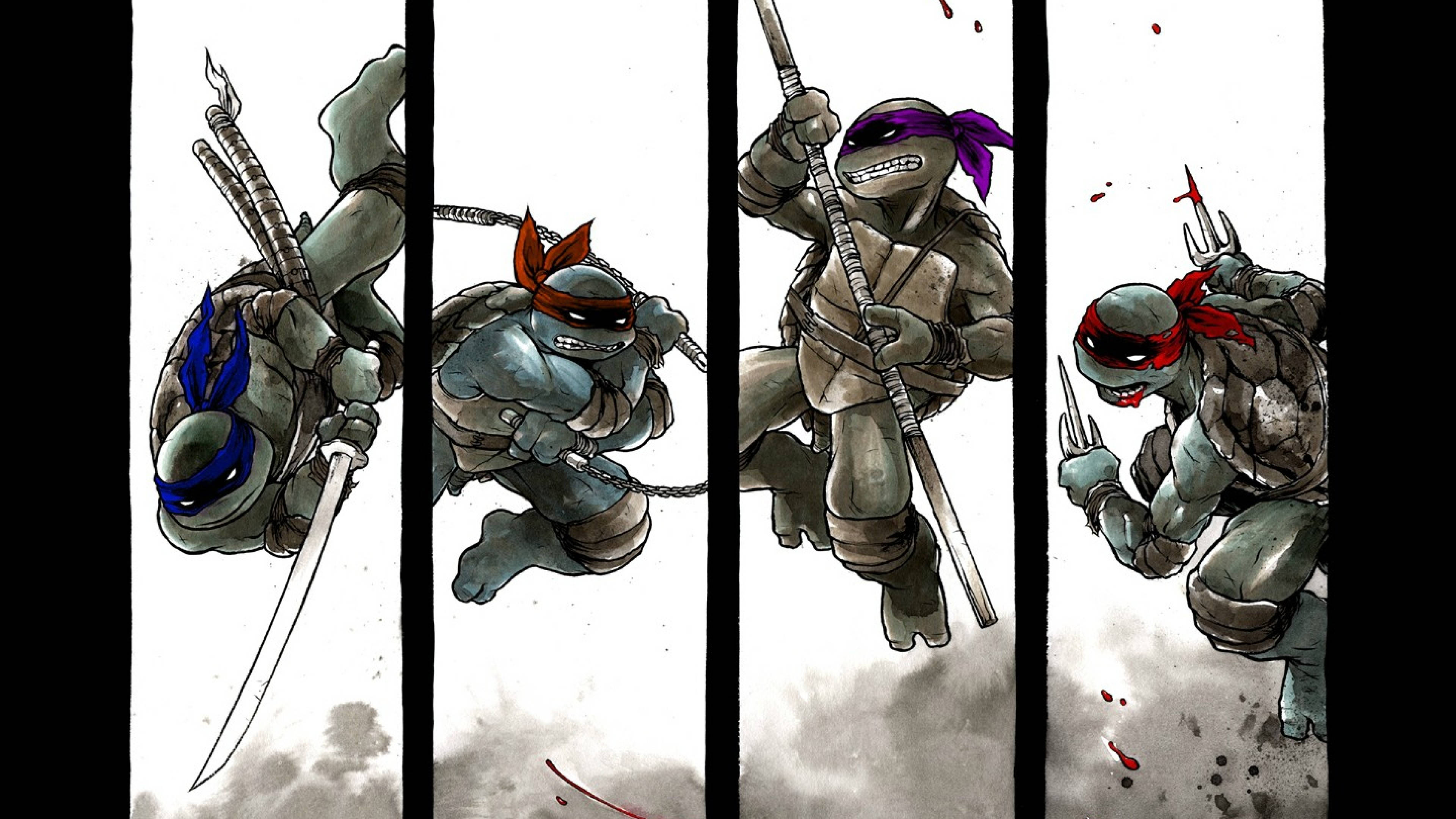 teenage mutant ninja turtles 桌布 壁紙 — 四隻忍者龜在煙霧彌漫、粗糙的背景前，以武器擺出動態戰鬥姿勢。