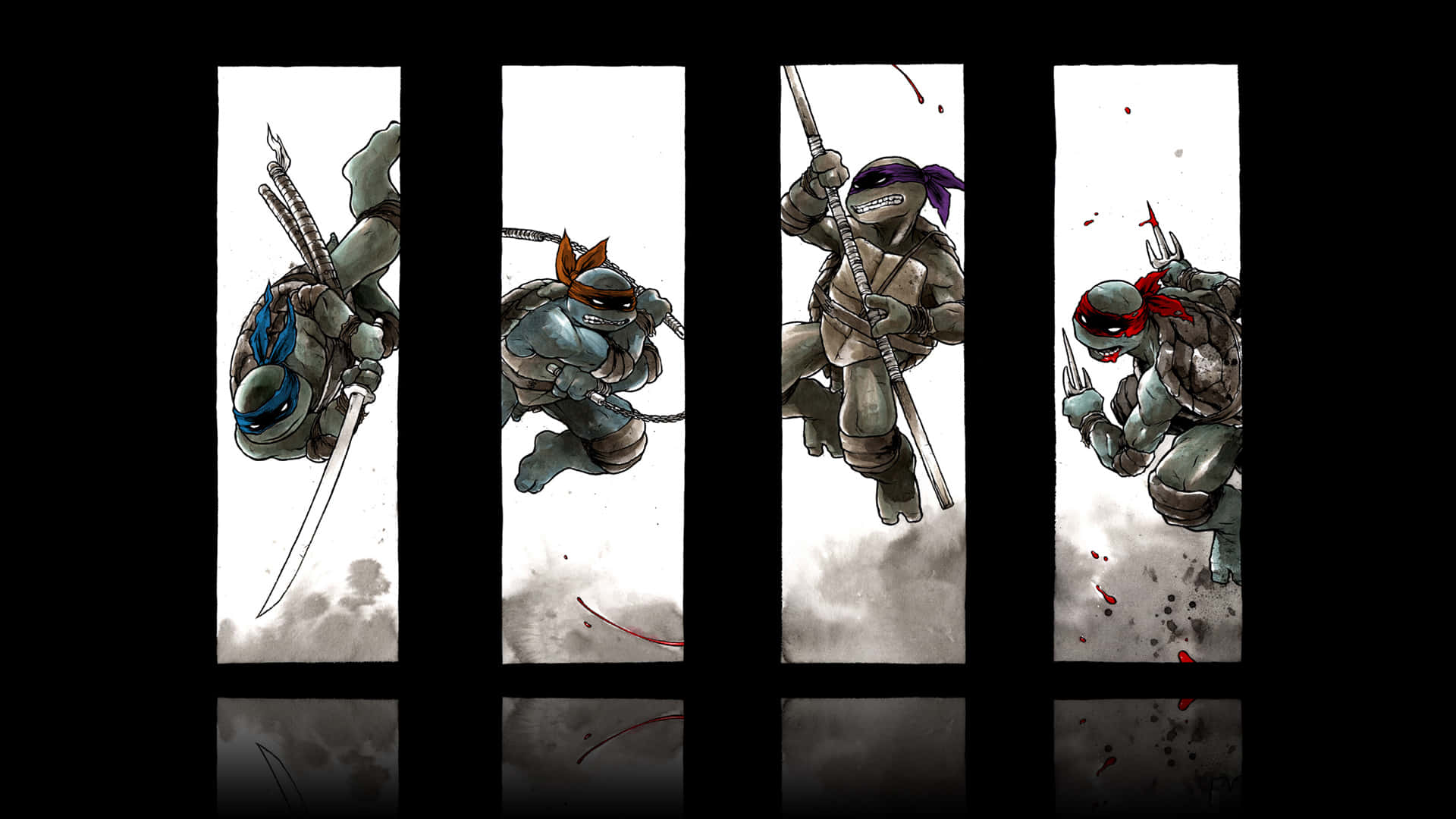 tmnt 桌布 壁紙 — 四隻忍者龜在煙霧彌漫的白色背景前，以劍和釵擺出動態戰鬥姿勢。