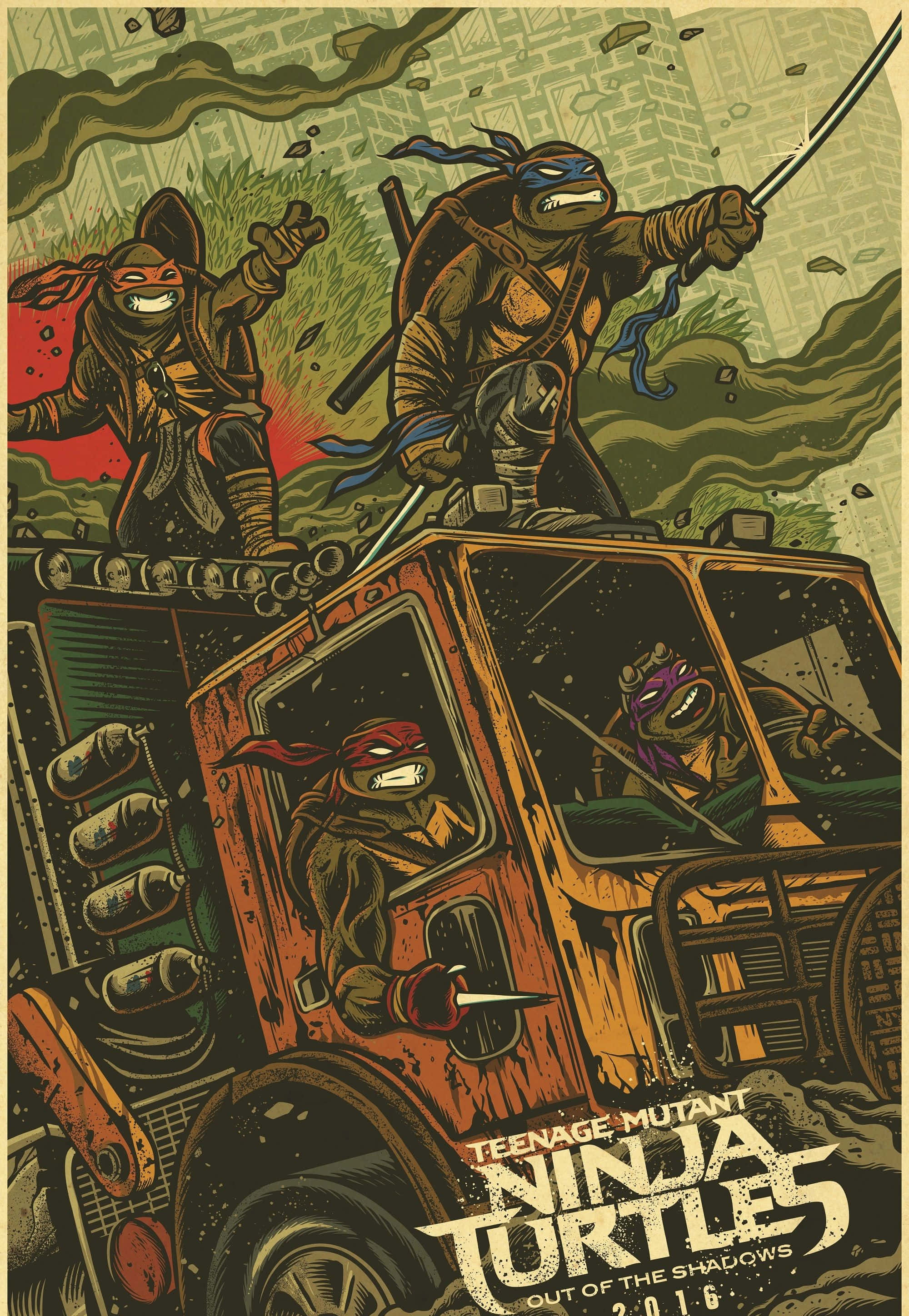 Teenage Mutant Ninja Turtles Comic Book 桌布 壁紙 — 四隻忍者龜在生鏽的貨車頂上戰鬥，周圍煙霧和碎片彌漫，呈現粗獷的城市海報風格。