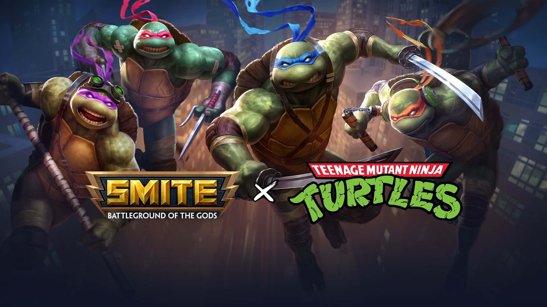 tmnt 桌布 壁紙 — 四隻忍者龜在黑暗城市天際線背景下，以武器擺出動態戰鬥姿勢。