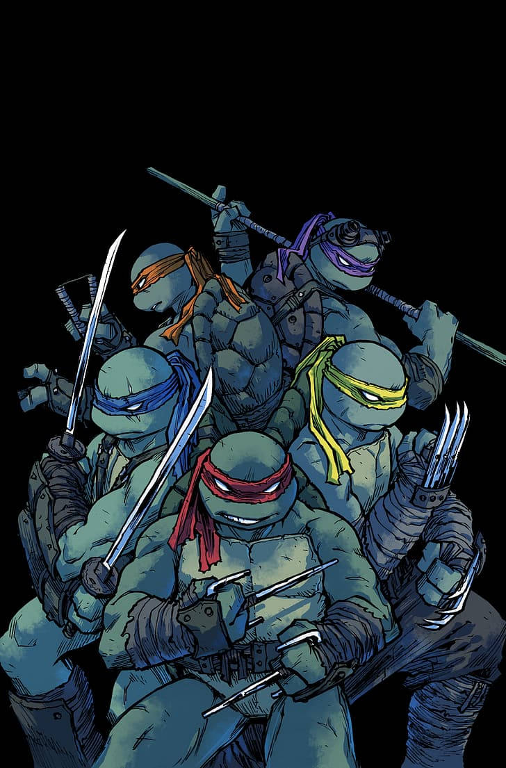 teenage mutant ninja turtles 桌布 壁紙 — 四隻忍者龜在黑色背景上以武器擺出戰鬥姿勢。