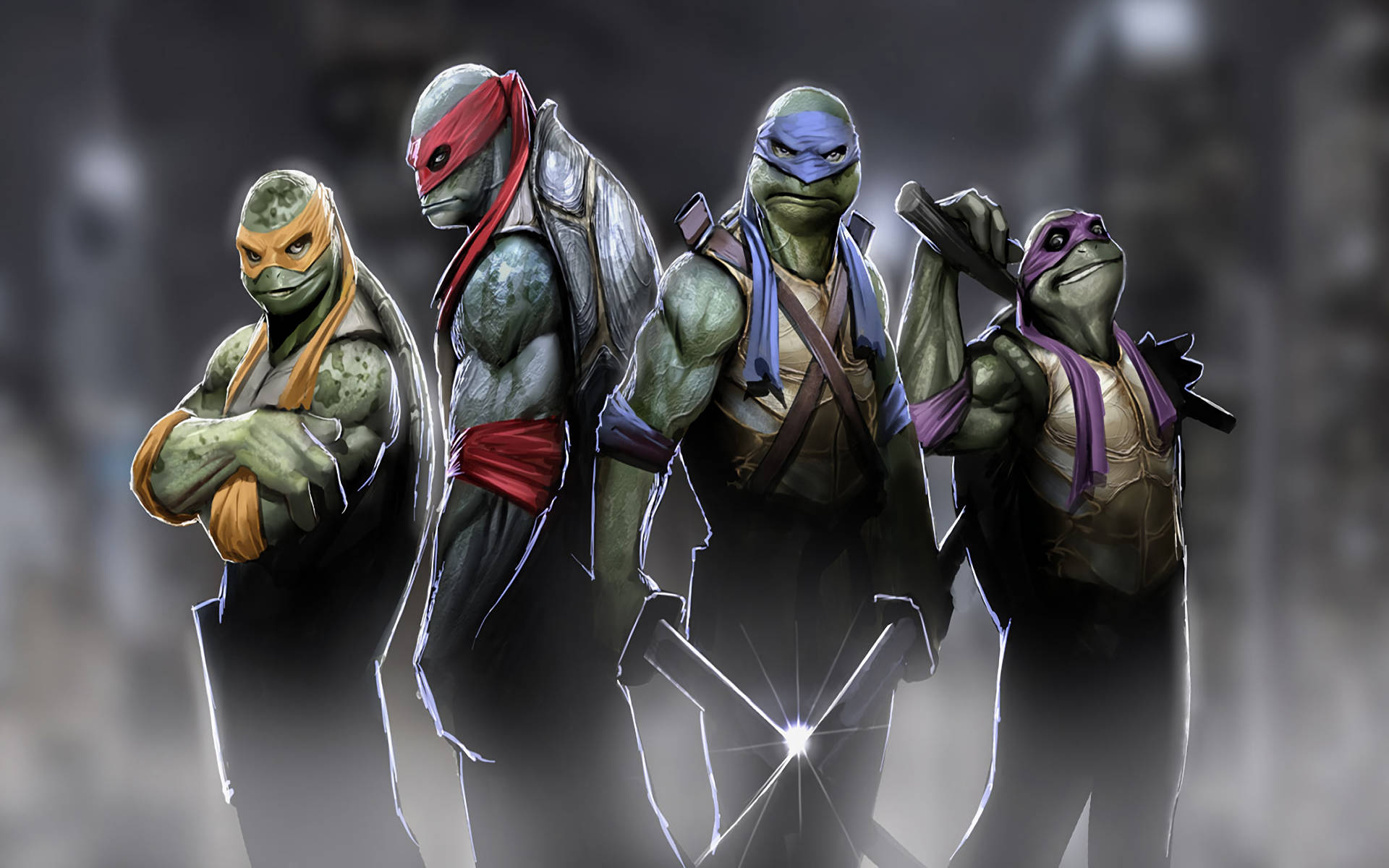 Ninja Turtle 桌布 壁紙 — 四隻忍者龜站在一個骯髒的城市小巷中，每隻都揮舞著它們的標誌性武器，在戲劇性的燈光下。