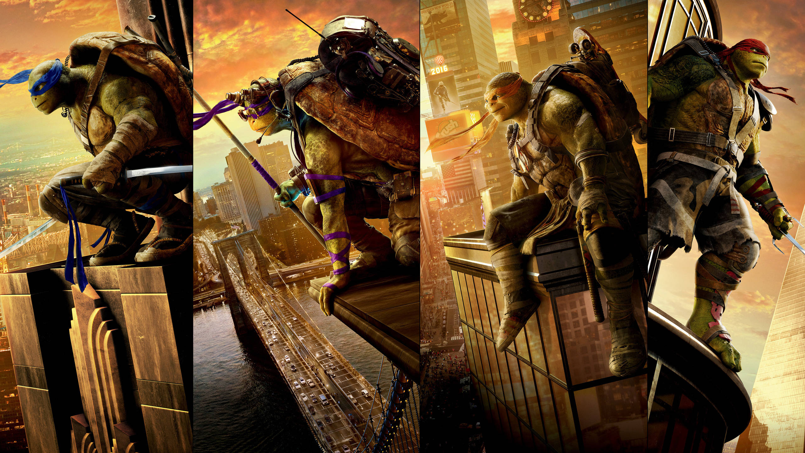 teenage mutant ninja turtles 桌布 壁紙 — 四隻忍者龜蹲在摩天大樓頂部，俯瞰夕陽下溫暖金色光芒中的繁華城市。