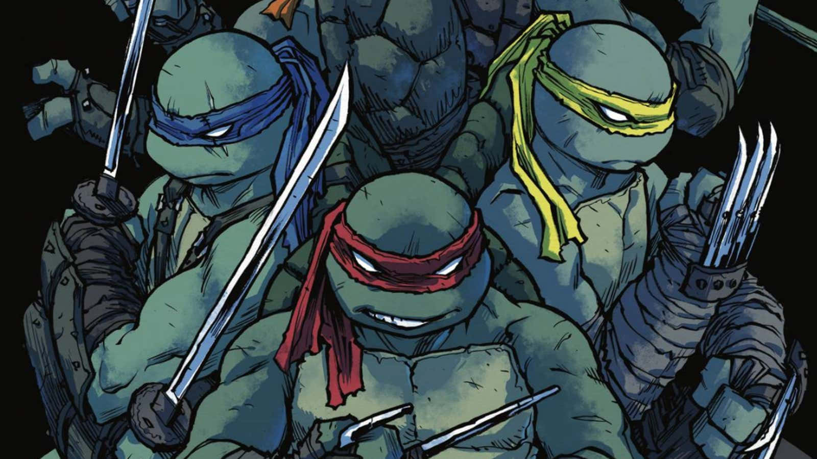 tmnt 桌布 壁紙 — 四隻忍者龜身穿戰鬥裝備，手持劍和爪，在黑暗背景前準備就緒。