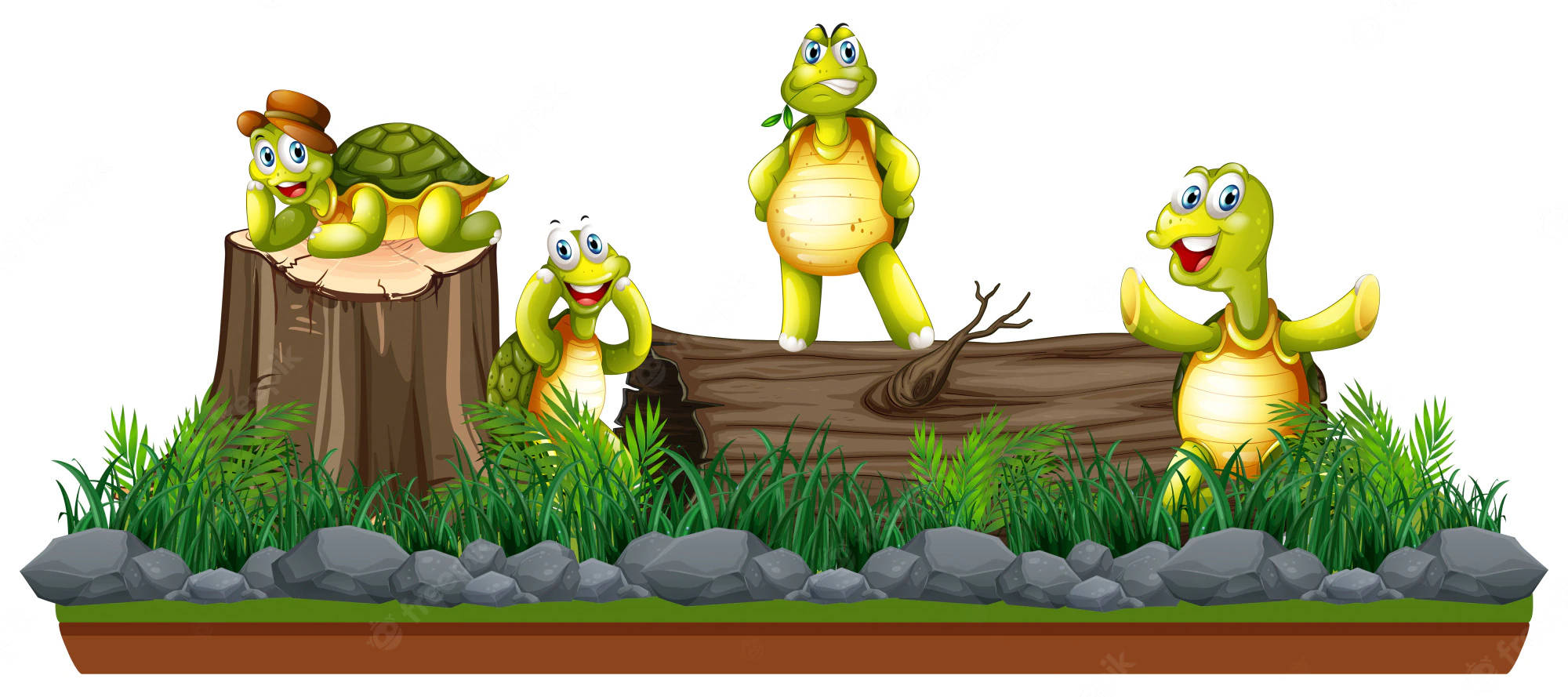 Cartoon Turtle 桌布 壁紙 — 四隻快樂的卡通烏龜在明亮的戶外場景中，於木頭和草地上擺姿勢，旁邊有石頭。
