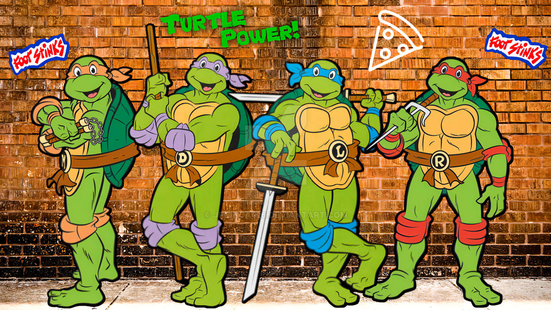 tmnt 桌布 壁紙 — 四隻快樂的卡通烏龜穿著忍者裝備，自豪地站在磚牆前，帶有「Turtle Power!」和披薩圖標。