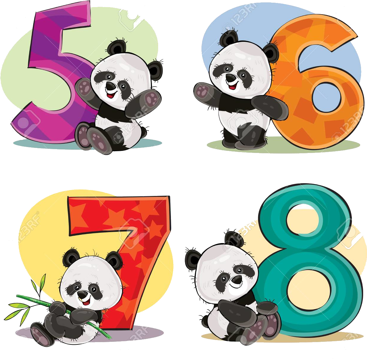 可愛熊貓 桌布 壁紙 — 四隻快樂的卡通熊貓，每隻坐在一個從五到八的彩色幾何數字旁邊。