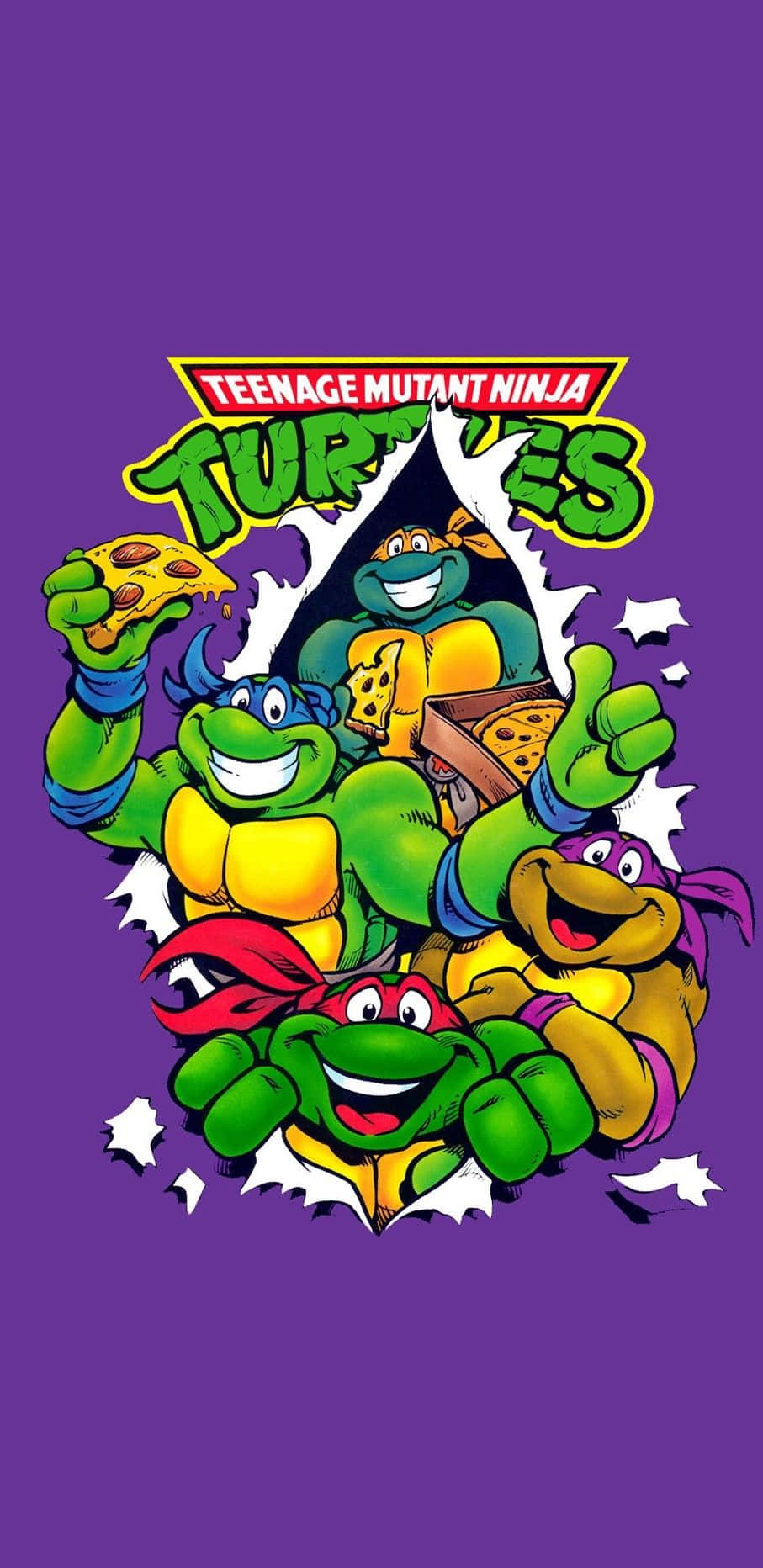 Teenage Mutant Ninja Turtles Comic Book 桌布 壁紙 — 四隻快樂的綠色忍者龜拿著披薩衝破紫色牆壁，表情歡樂。