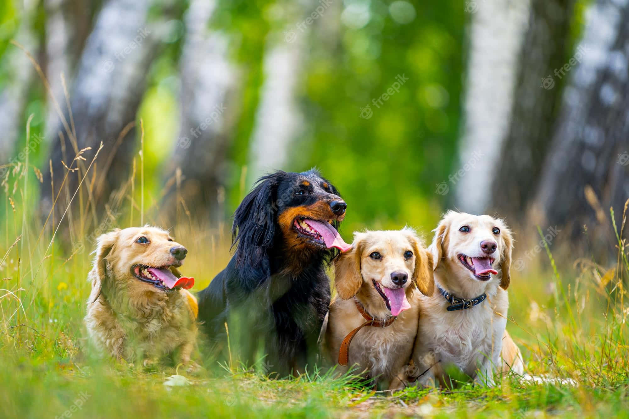 動物 桌布 壁紙 — 四隻快樂臘腸狗伸出舌頭，一起坐在陽光普照、長滿青草的森林空地。