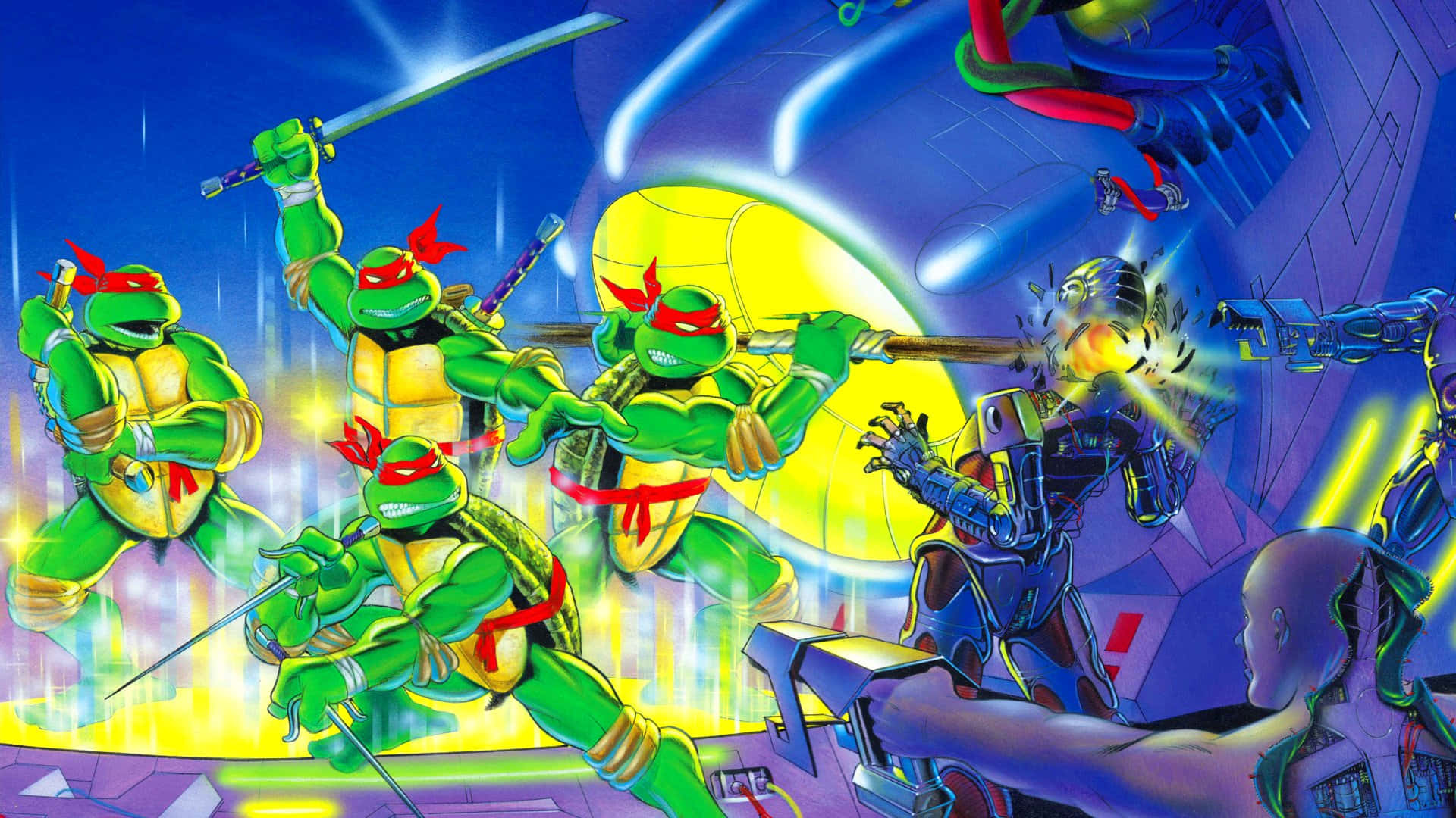 tmnt 桌布 壁紙 — 四隻戴紅色面具的綠色忍者龜在霓虹燈照亮的城市峽谷中用發光武器對抗機械敵人。