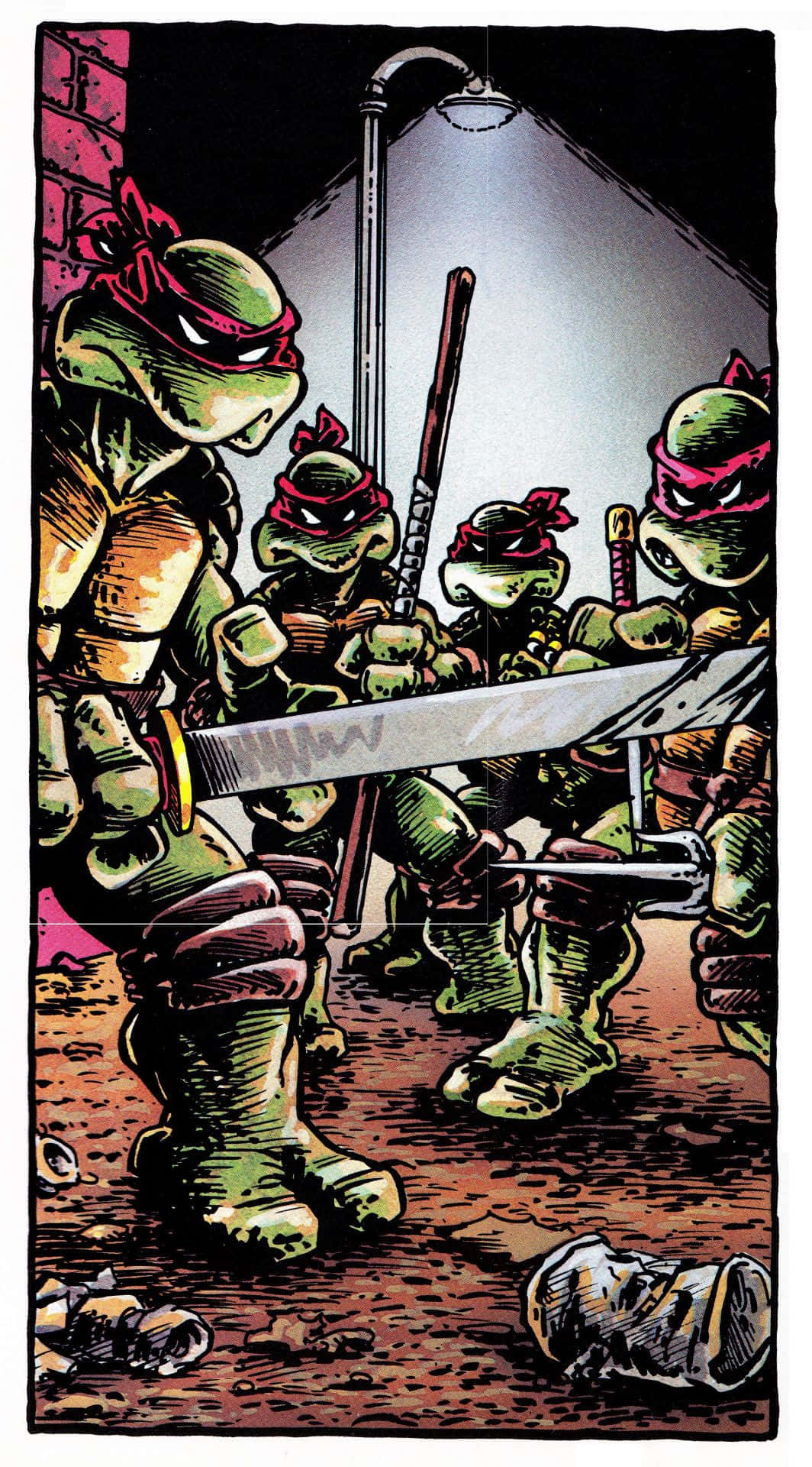 Teenage Mutant Ninja Turtles Comic Book 桌布 壁紙 — 四隻戴紅色頭巾的忍者龜在骯髒的城市小巷中，在一盞路燈下揮舞武器。