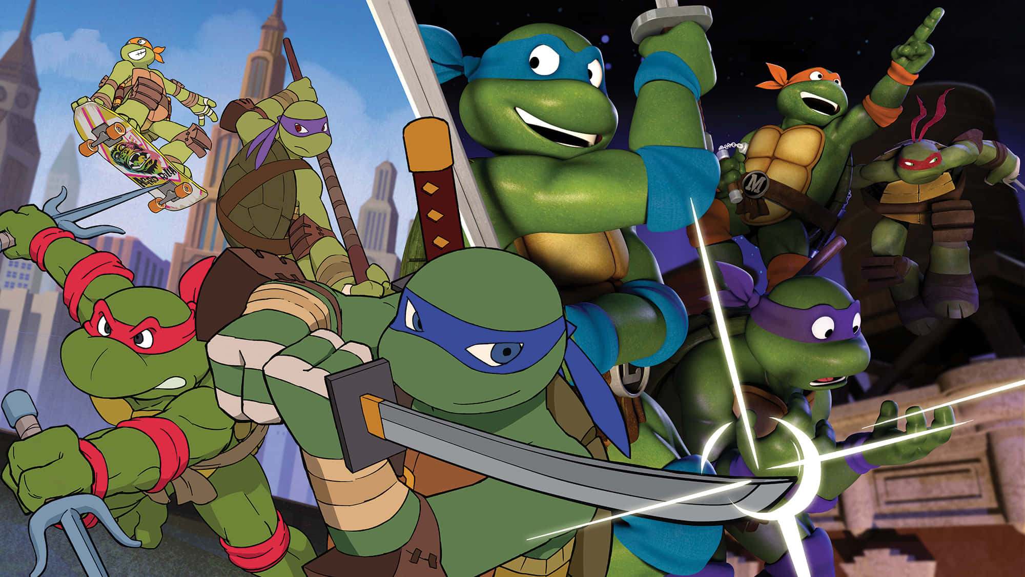 Ninja Turtle 桌布 壁紙 — 四隻戴著彩色面具的忍者龜在動態的城市戰鬥場景中揮舞武器。