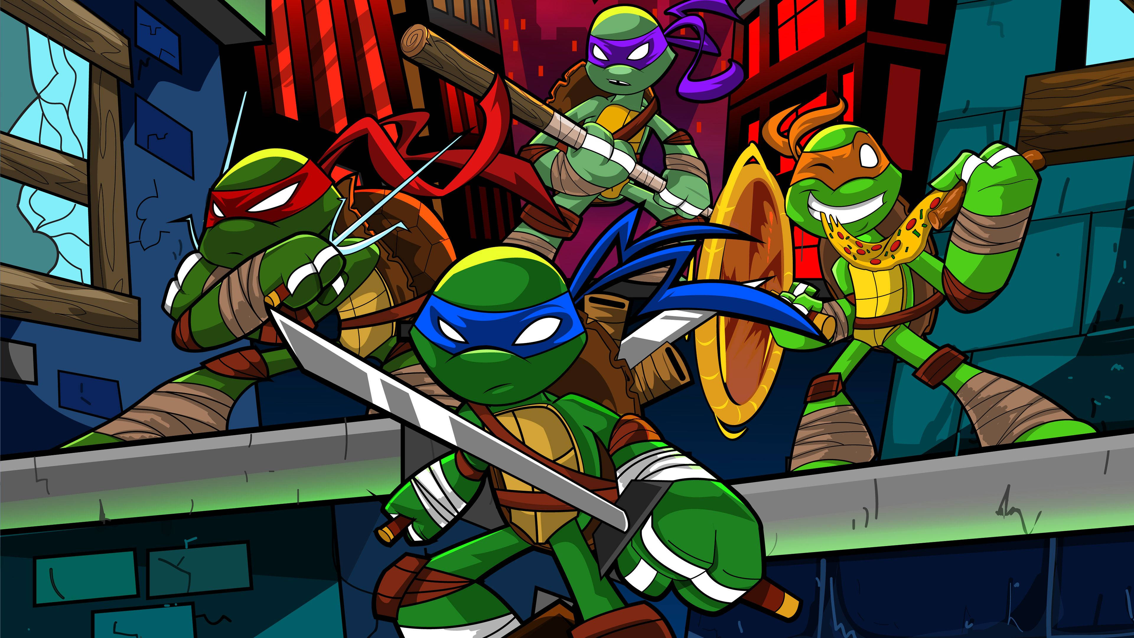 teenage mutant ninja turtles 桌布 壁紙 — 四隻戴著彩色面具的忍者龜在屋頂上揮舞武器，背景是粗糙的城市景觀。