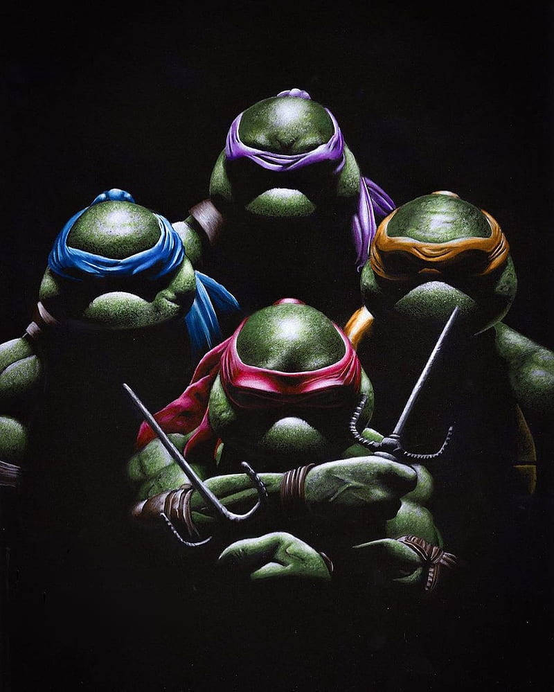 teenage mutant ninja turtles 桌布 壁紙 — 四隻戴著彩色面具的綠色忍者龜以黑暗戲劇性的姿勢站立，手持武器。