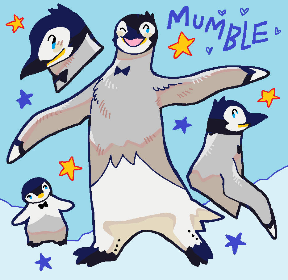 Happy Feet 桌布 壁紙 — 四隻戴著蝴蝶結的快樂卡通企鵝在淺藍色背景上歡快地跳舞，背景有彩色星星和'MUMBLE'字樣。