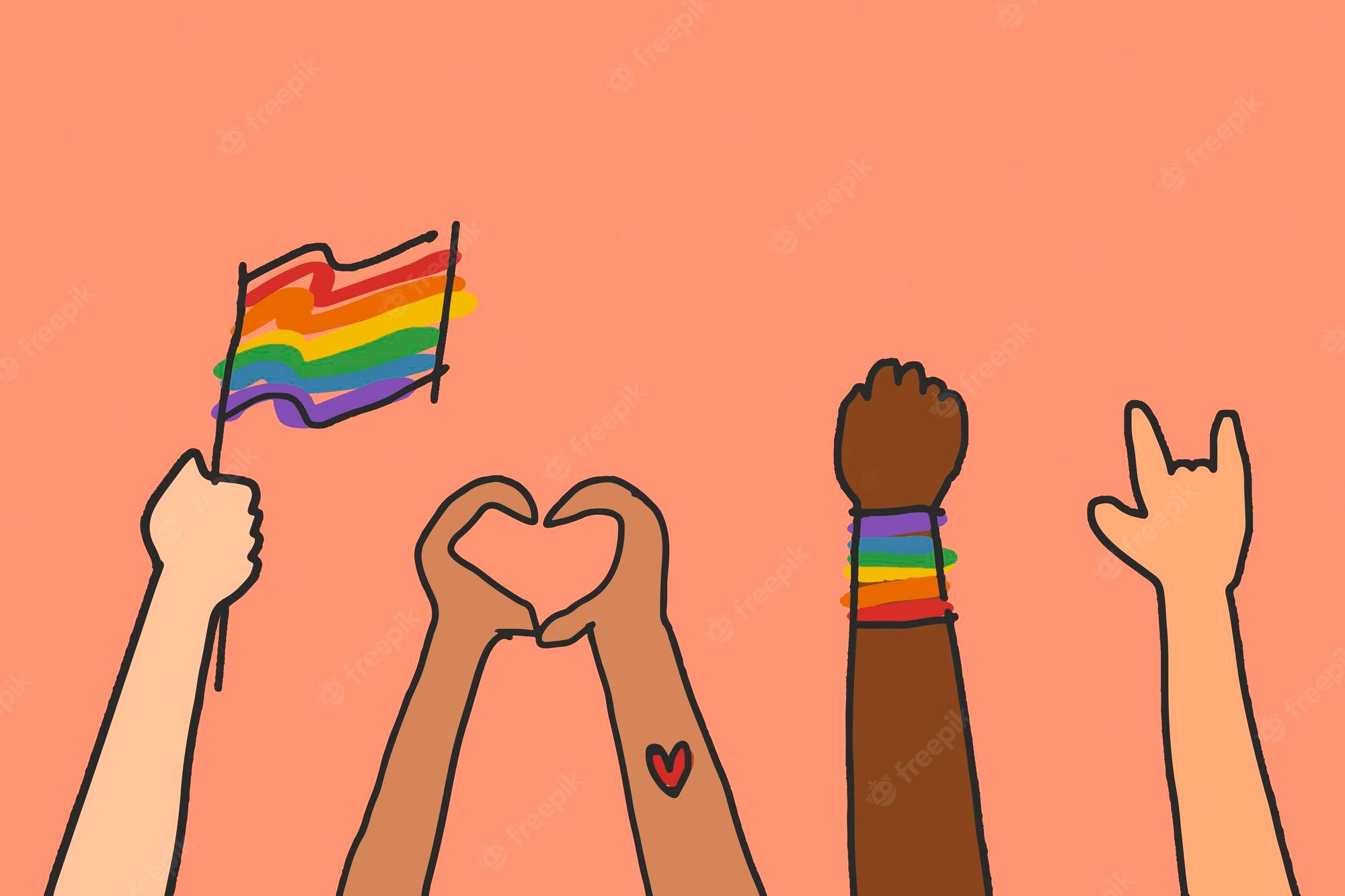 Cute Pride 桌布 壁紙 — 四隻插圖手，膚色多樣，在柔和的桃色背景上比劃著驕傲旗幟、心形和搖滾手勢。
