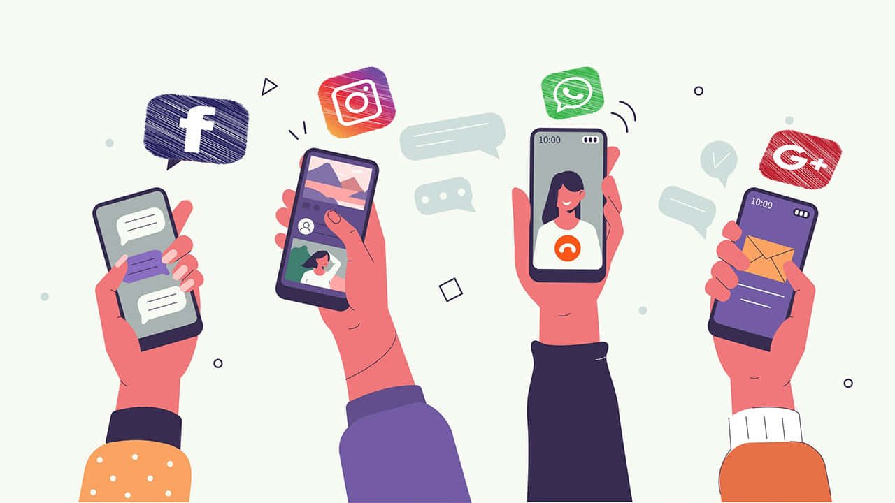 Social Media Logos 桌布 壁紙 — 四隻插圖手拿著智慧型手機，在淺色背景上顯示社交媒體應用程式和訊息。