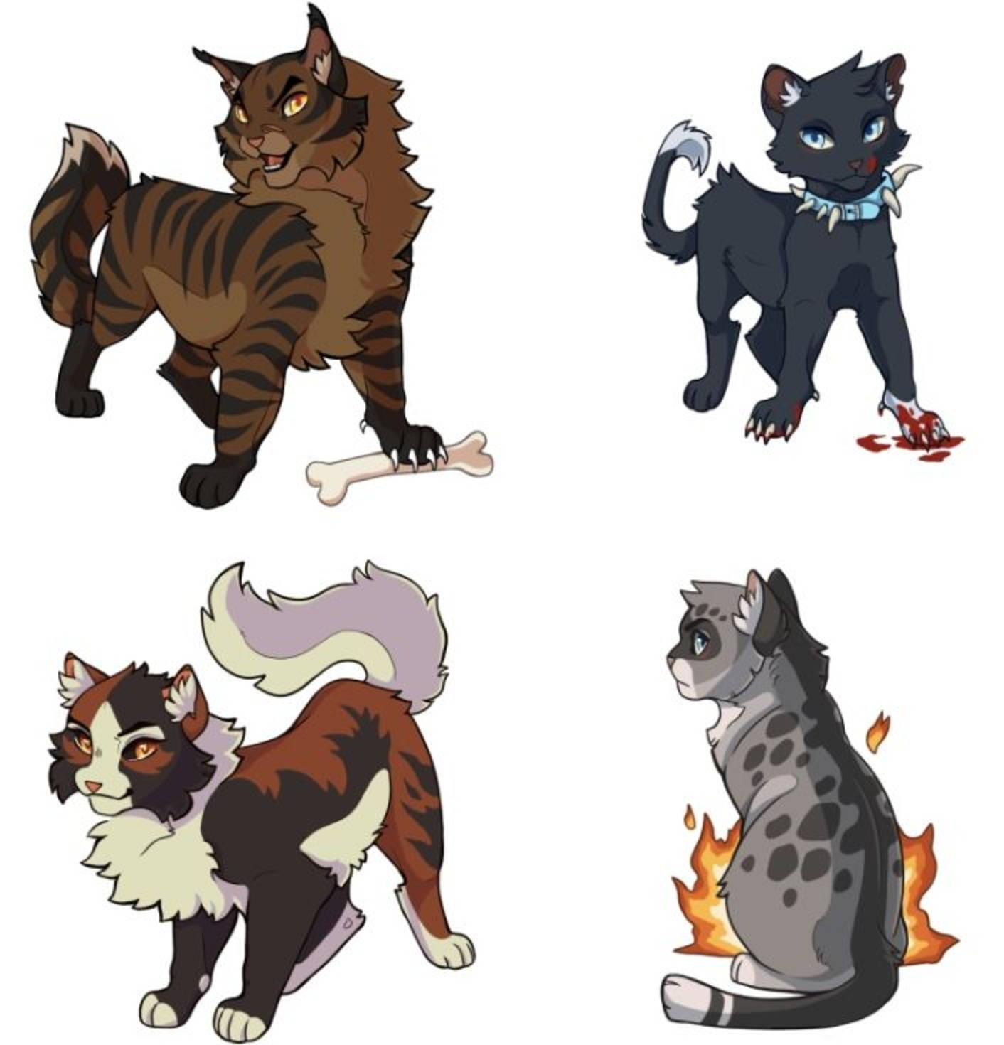 Cats 桌布 壁紙 — 四隻插圖貓咪，具有不同的毛皮圖案和配件，包括骨頭、帶有尖刺的項圈和火焰。