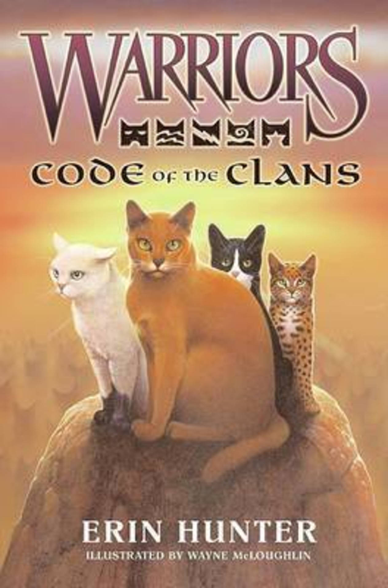 Code 桌布 壁紙 — 四隻插畫貓咪威嚴地棲息在岩石露頭上，背景是溫暖的日落天空。