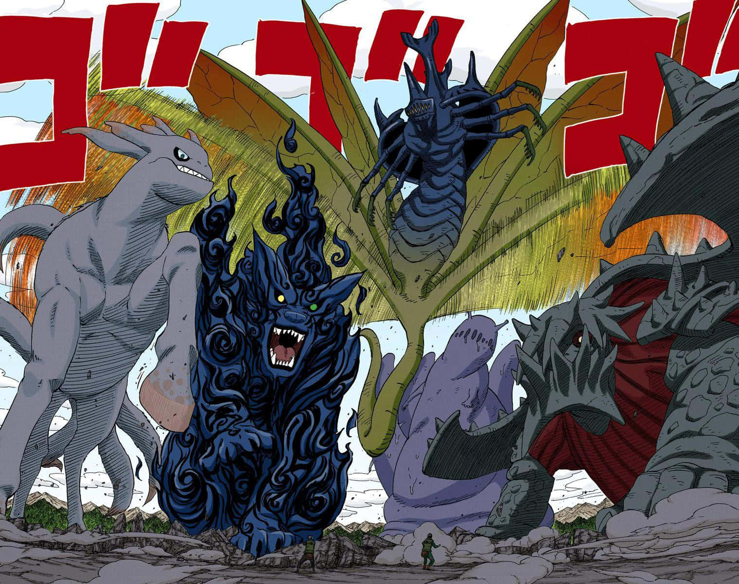 Tailed Beasts 桌布 壁紙 — 四隻擁有尖牙和翅膀的怪獸級動畫生物，在帶有紅色擬聲詞的多雲天空中猛烈咆哮。