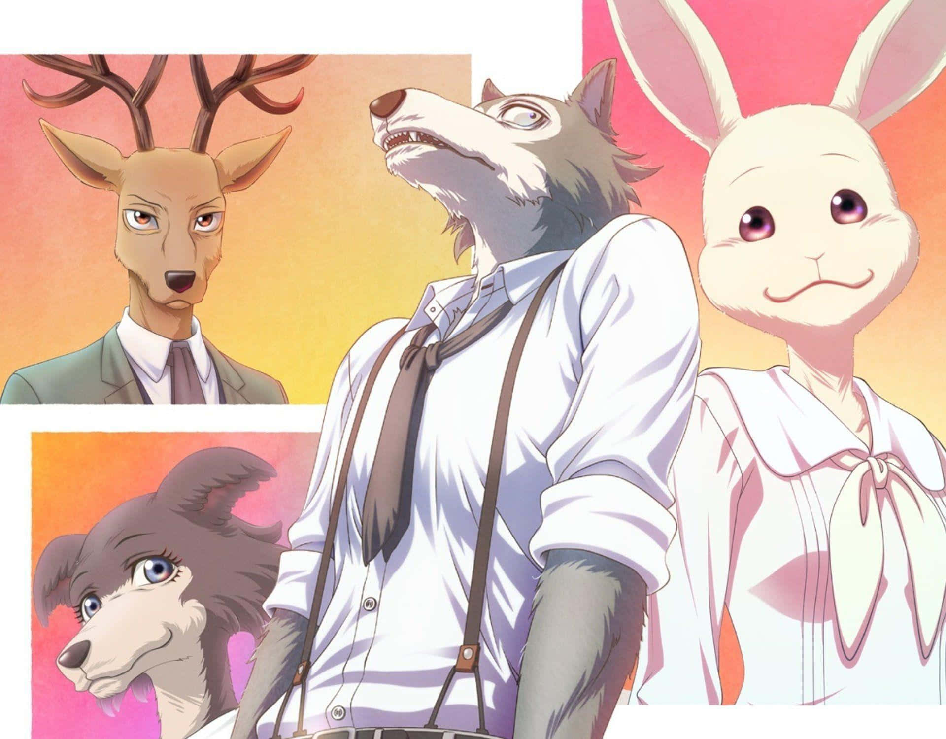 獸星 桌布 壁紙 — 四隻擬人化動物穿著正式服裝，在溫暖漸層背景前擺姿勢，呈現風格化的動漫插圖。