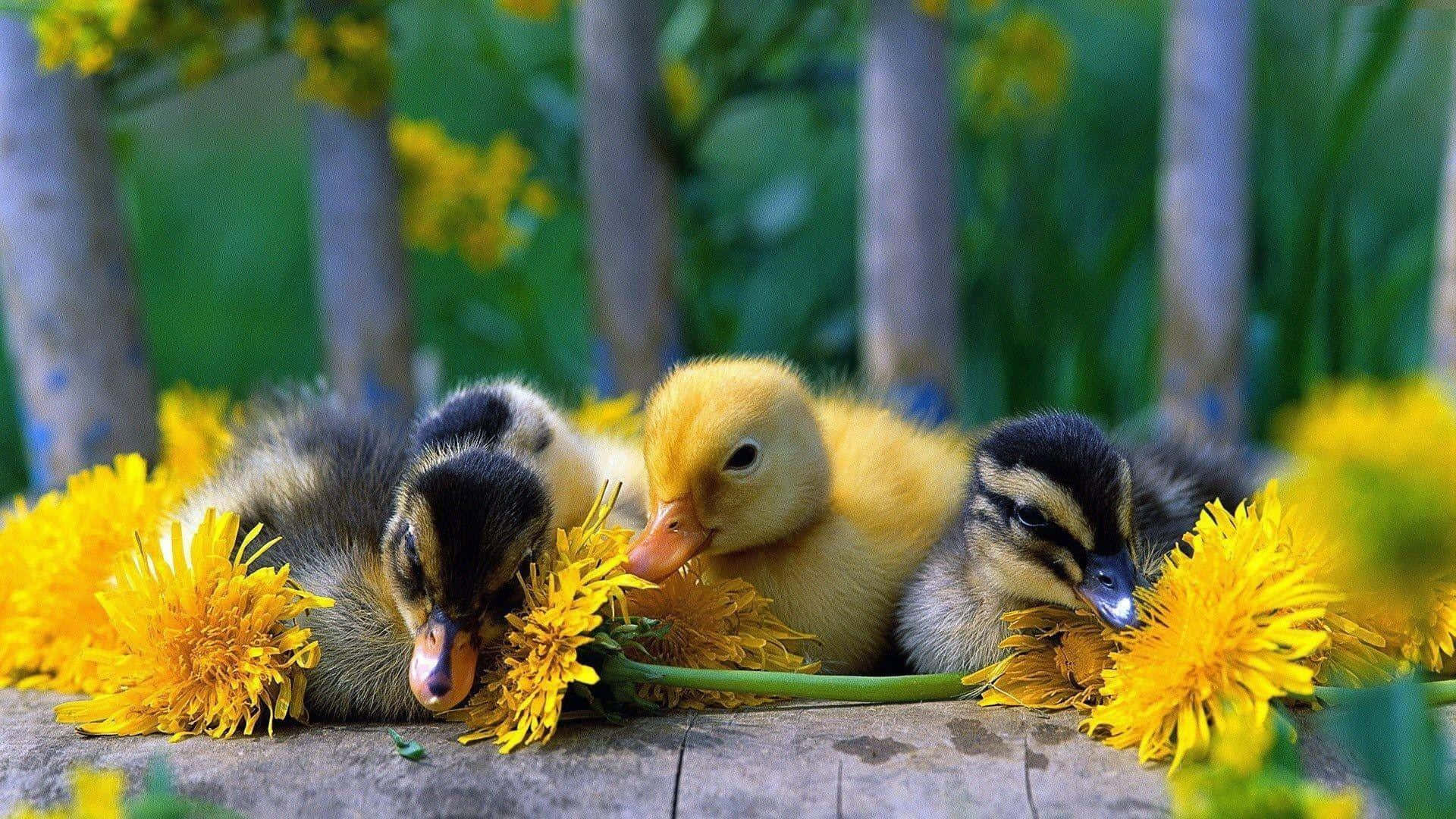 Baby Duck 桌布 壁紙 — 四隻毛茸茸的小鴨子依偎在鮮黃色的蒲公英中，在木質表面上，後面有綠色樹葉。