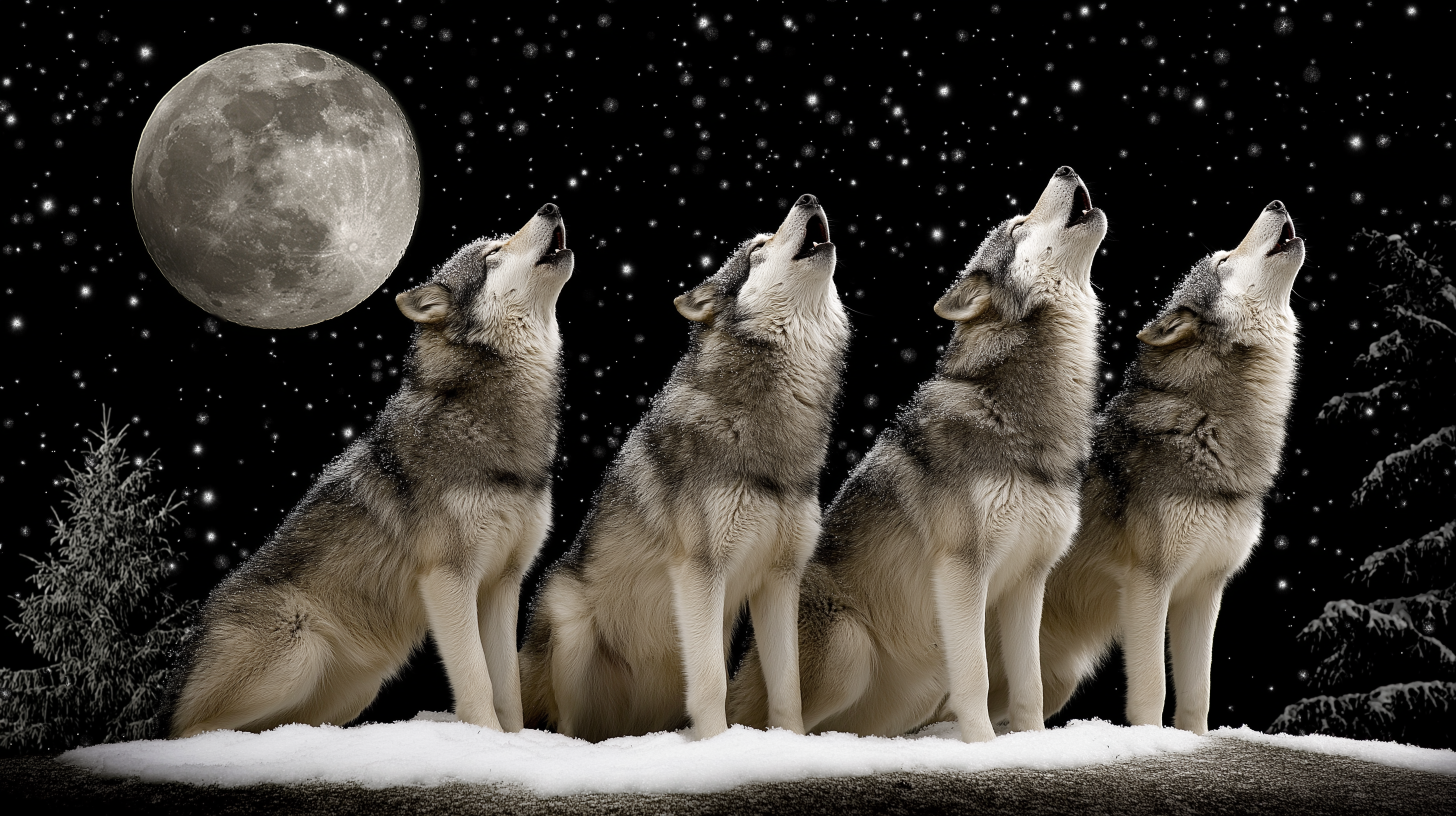 wolves 桌布 壁紙 — 四隻狼在巨大的月亮和星空下，在雪地上齊聲向上嚎叫。