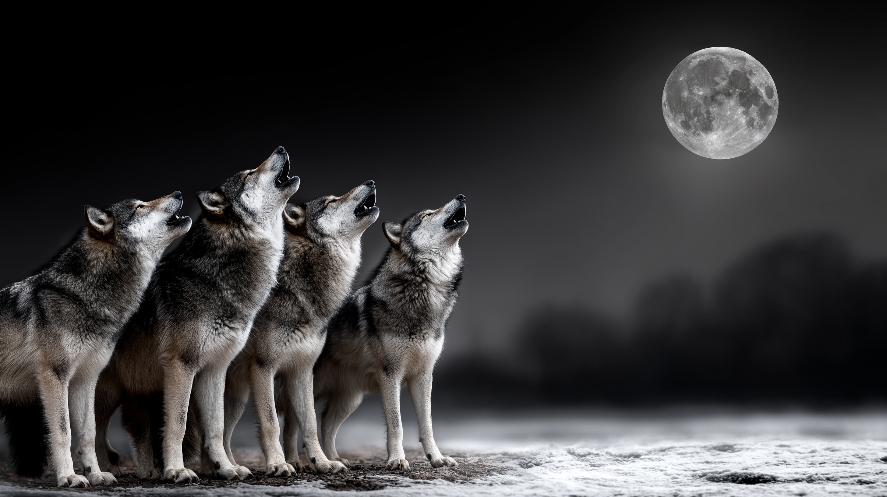 wolves 桌布 壁紙 — 四隻狼在明亮的滿月下，在一片單色調的荒涼景觀中齊聲向上嚎叫。