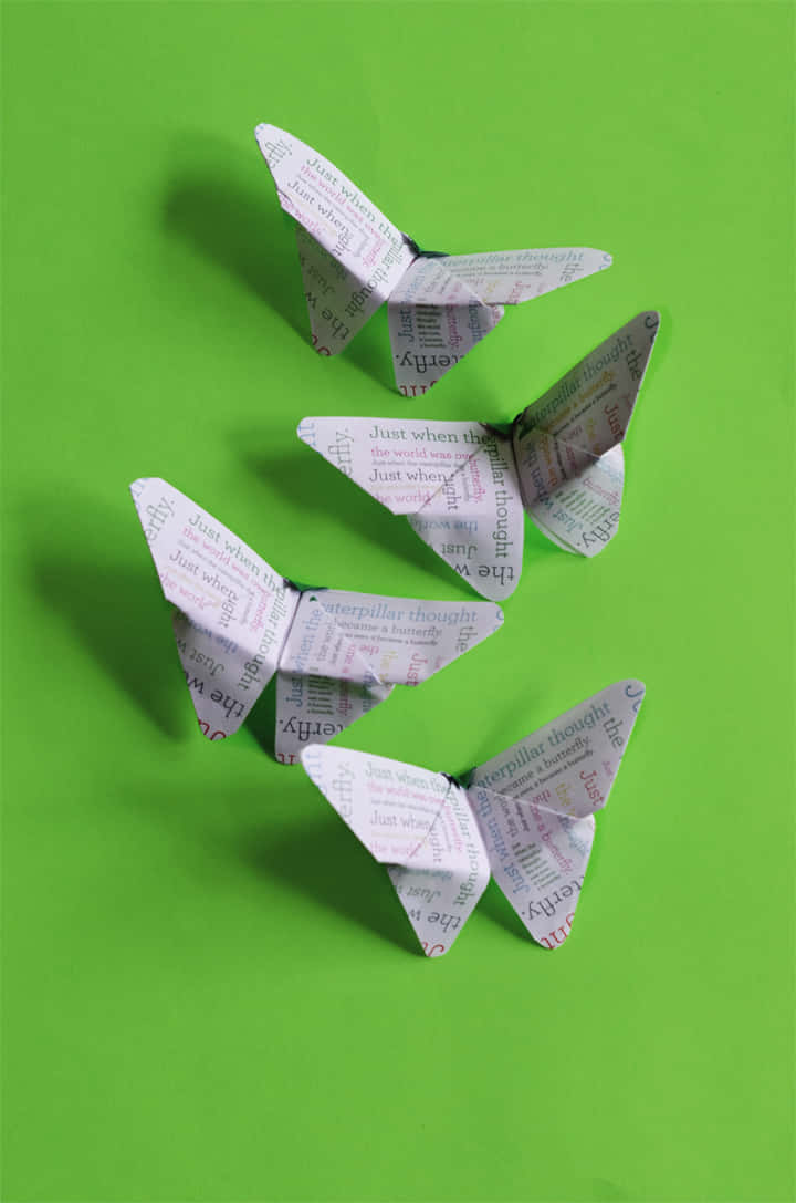 Butterfly Origami 桌布 壁紙 — 四隻用印刷紙製成的摺紙蝴蝶，在明亮的綠色背景上投下柔和的陰影。
