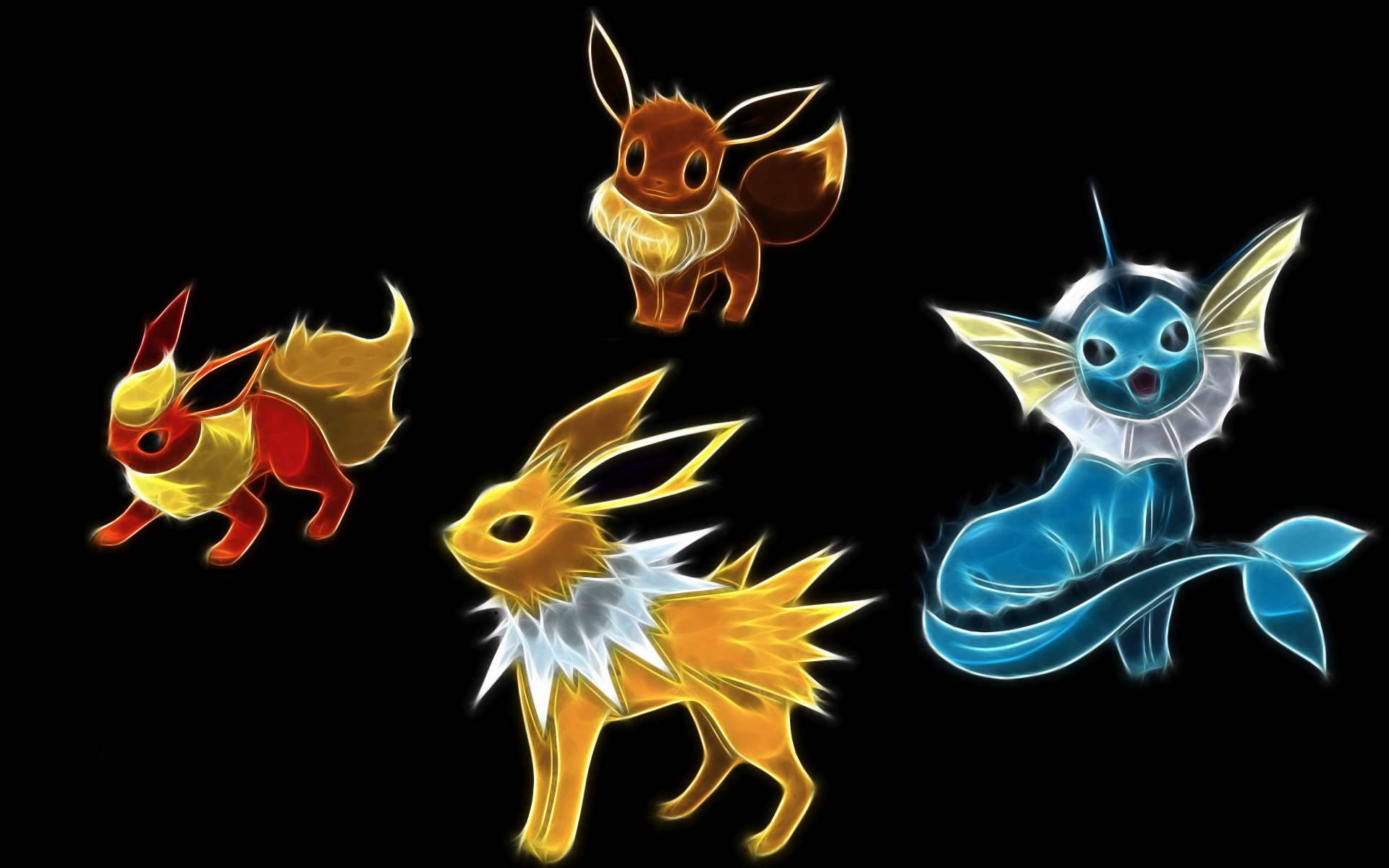 四隻發光的 Pokémon 伊布進化型在黑色背景上。 — 伊布 GIF 壁紙
