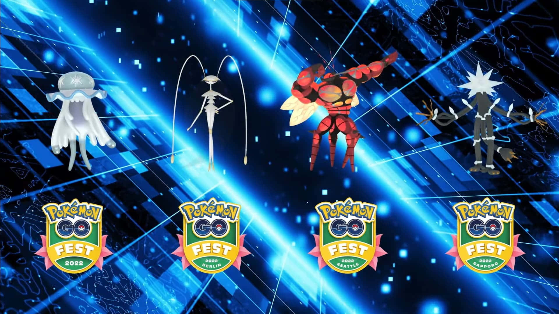 任天堂 桌布 壁紙 — 四隻發光的 Pokémon 漂浮在充滿活力的藍色數位網格背景上，下方有 Pokémon GO Fest 2022 標誌。
