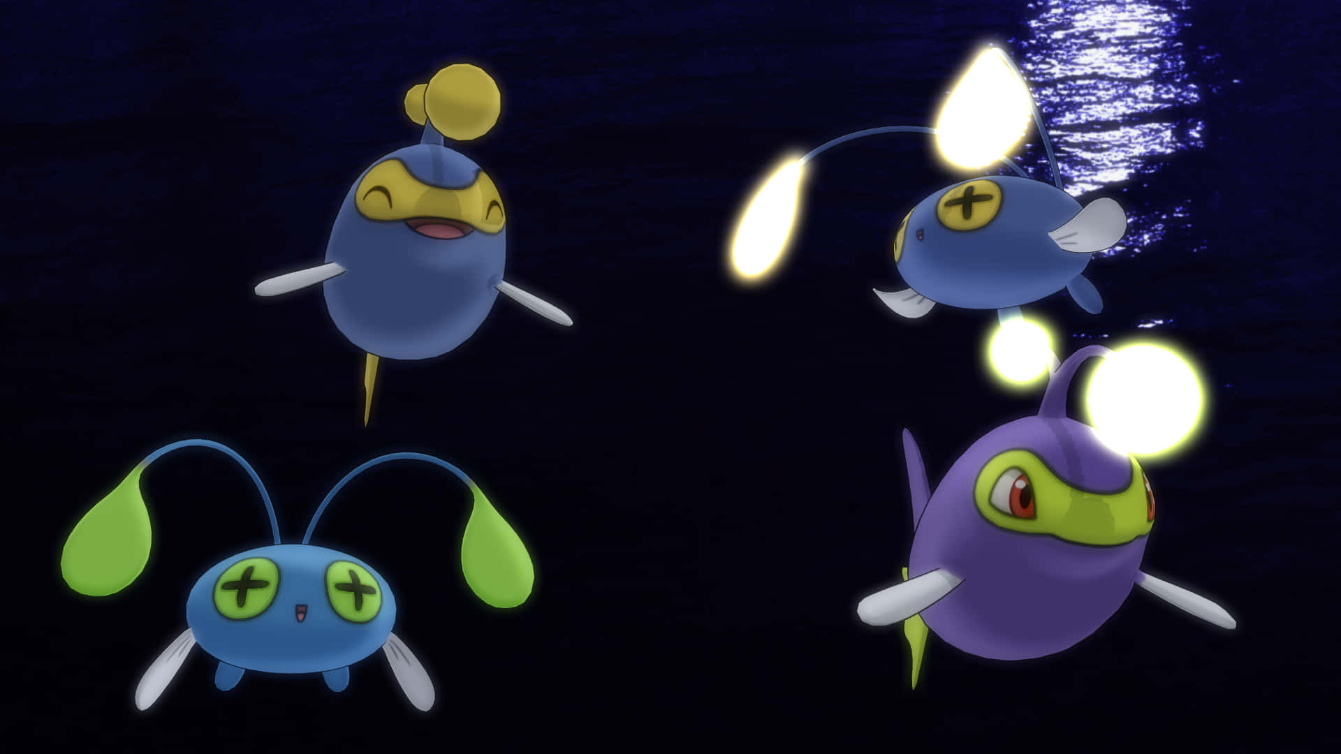 Pokemon Aesthetic 桌布 壁紙 — 四隻發光的寶可夢漂浮在黑暗的水中，頭部和觸角上有明亮的光。