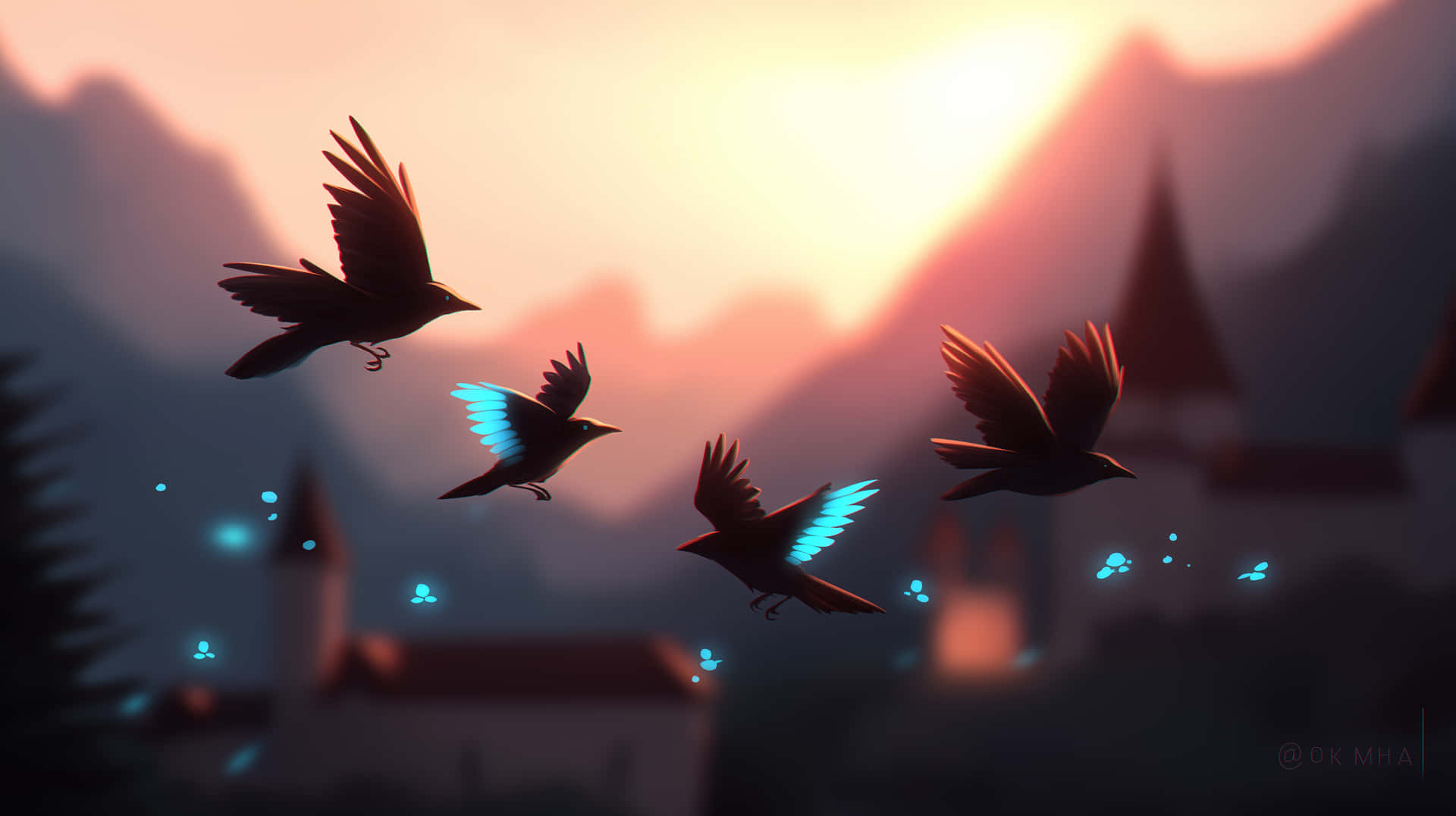 Crows Flying at Sunset Over a Mystical Landscape 壁紙 — 四隻發光藍色翅膀的鳥兒在溫暖的日落天空下，翱翔在霧氣繚繞的山村之上。
