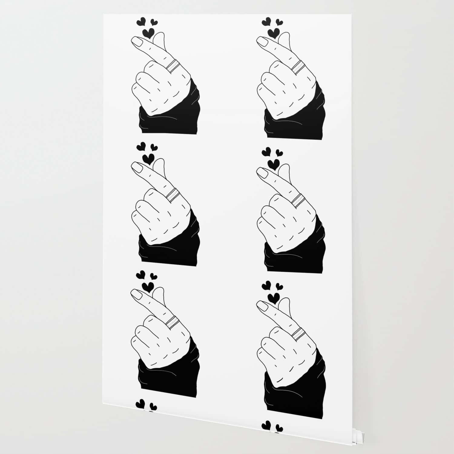 Finger Heart 桌布 壁紙 — 四隻相同的黑白插圖手做出心形手勢，每隻手上方漂浮著小心形。