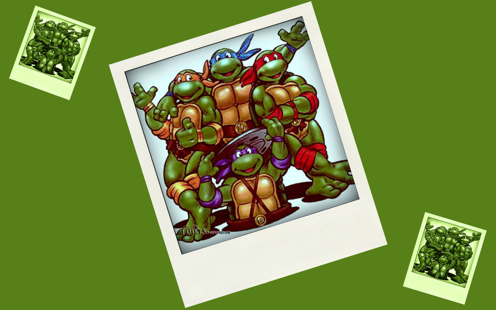 Ninja Turtle 桌布 壁紙 — 四隻穿著忍者裝備的快樂卡通烏龜在純綠色背景上的拍立得風格相框中英勇地擺姿勢。